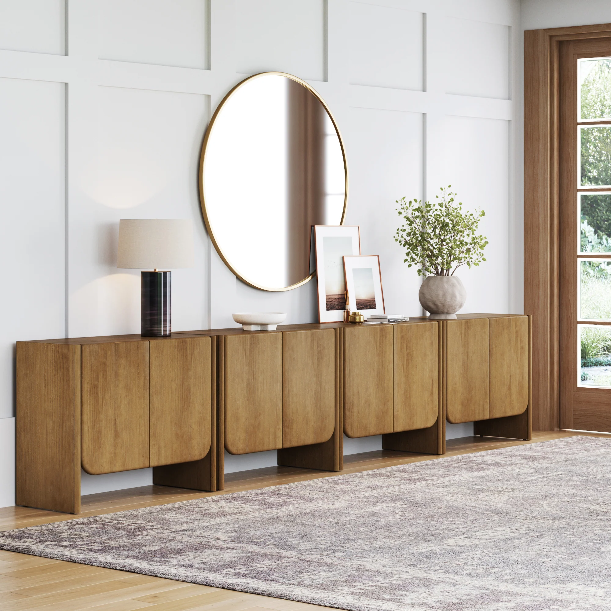 Rounded Wood TV Console Cabinet Light Brown for TVs 85" - Image 3