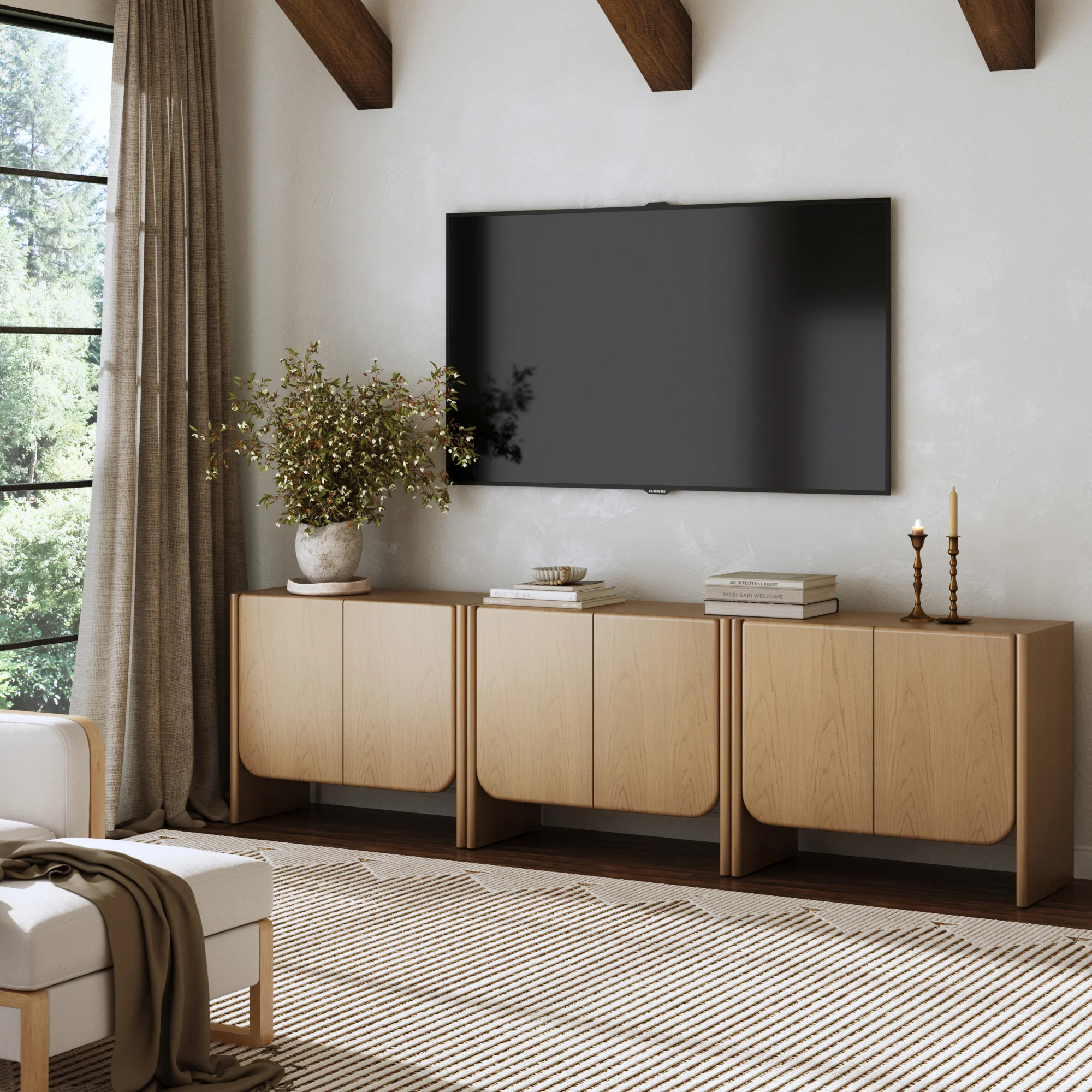 Rounded Wood TV Console Cabinet Raw Oak for TVs 75-85"