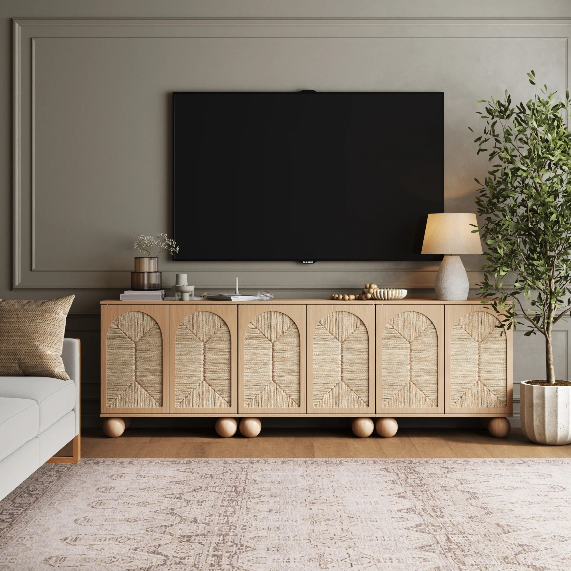 Seagrass Arched Storage Cabinet Credenza Raw Oak (Set of 3) - Image 2