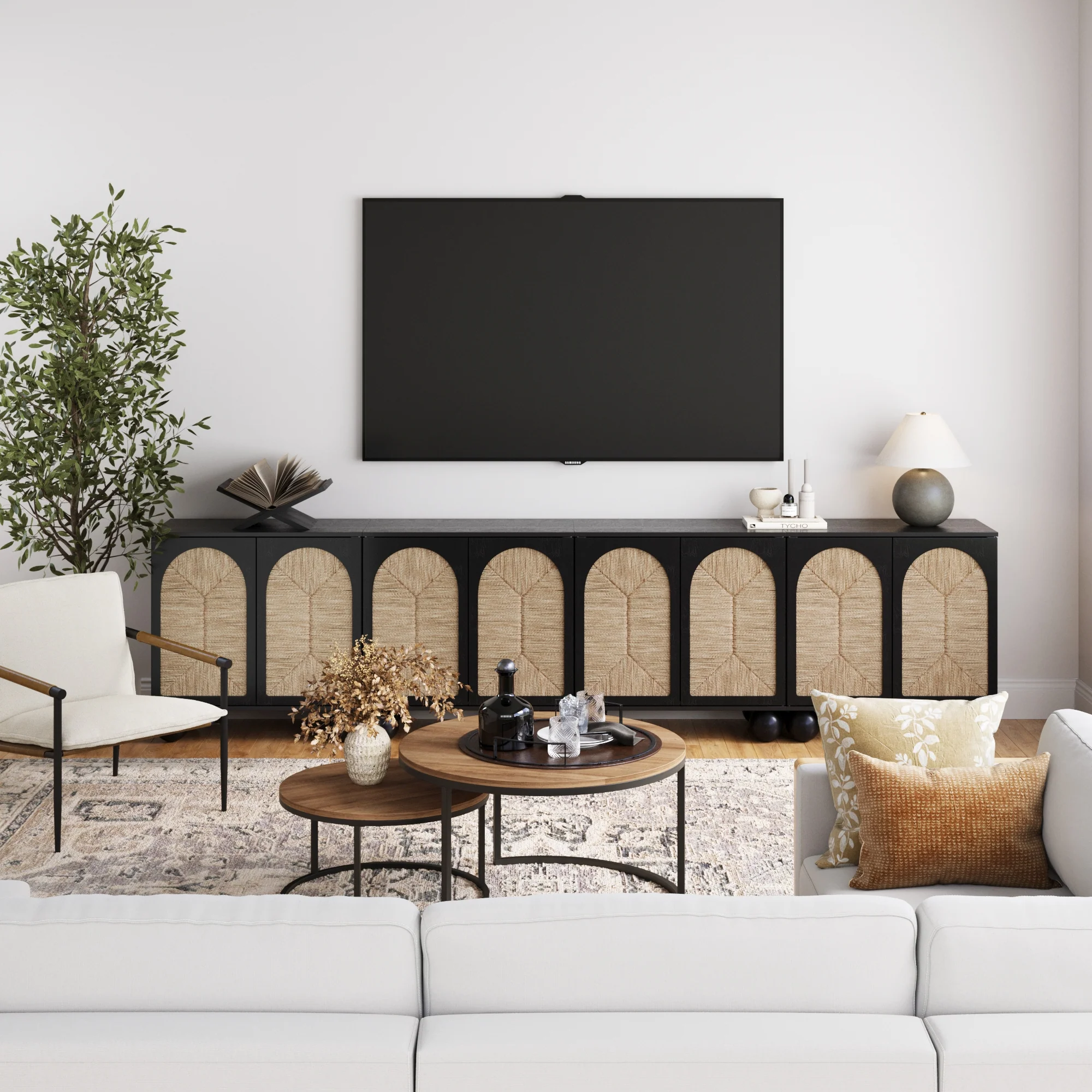 Large Seagrass Arched Storage Cabinet Credenza Black (Set of 4) - Image 2