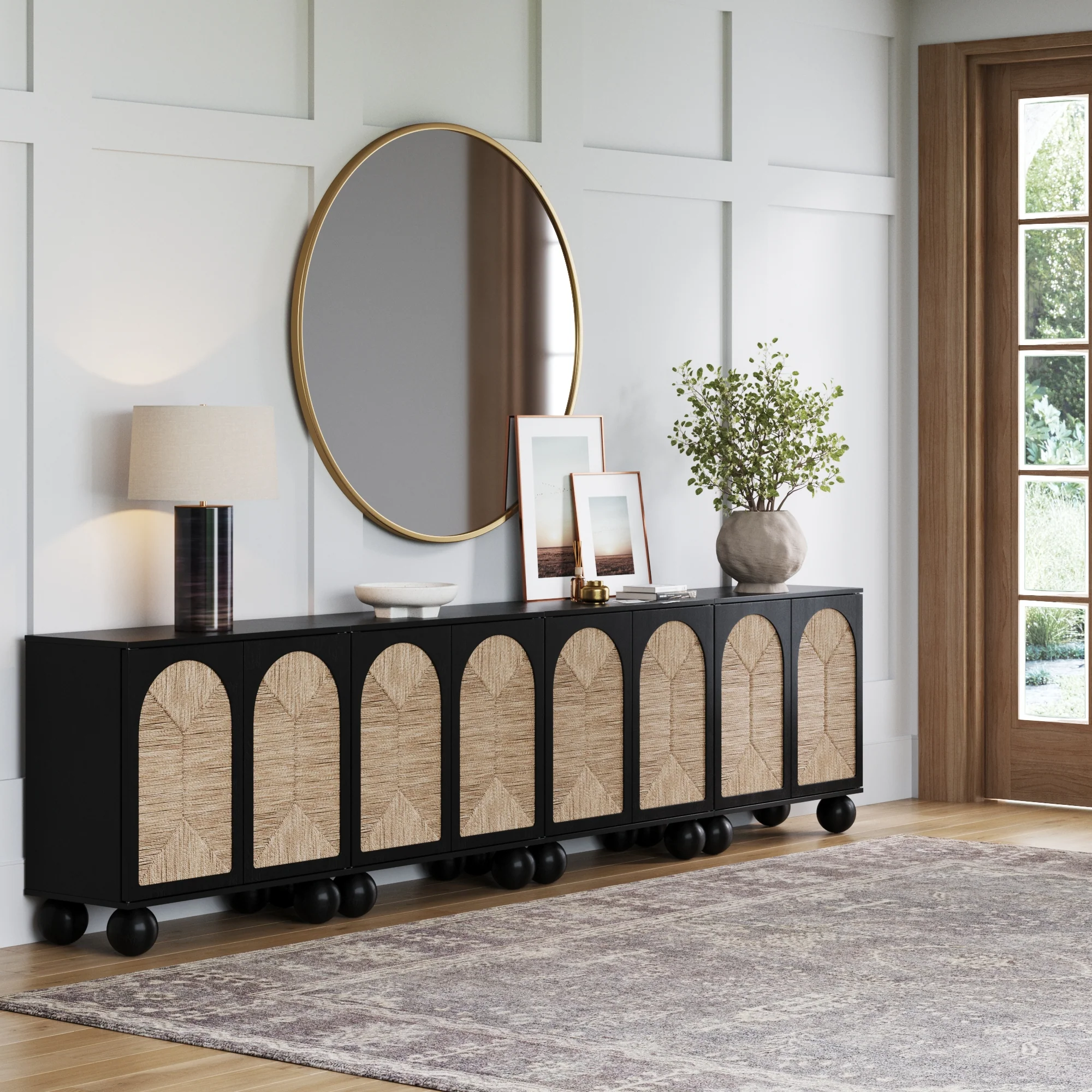 Large Seagrass Arched Storage Cabinet Credenza Black (Set of 4)