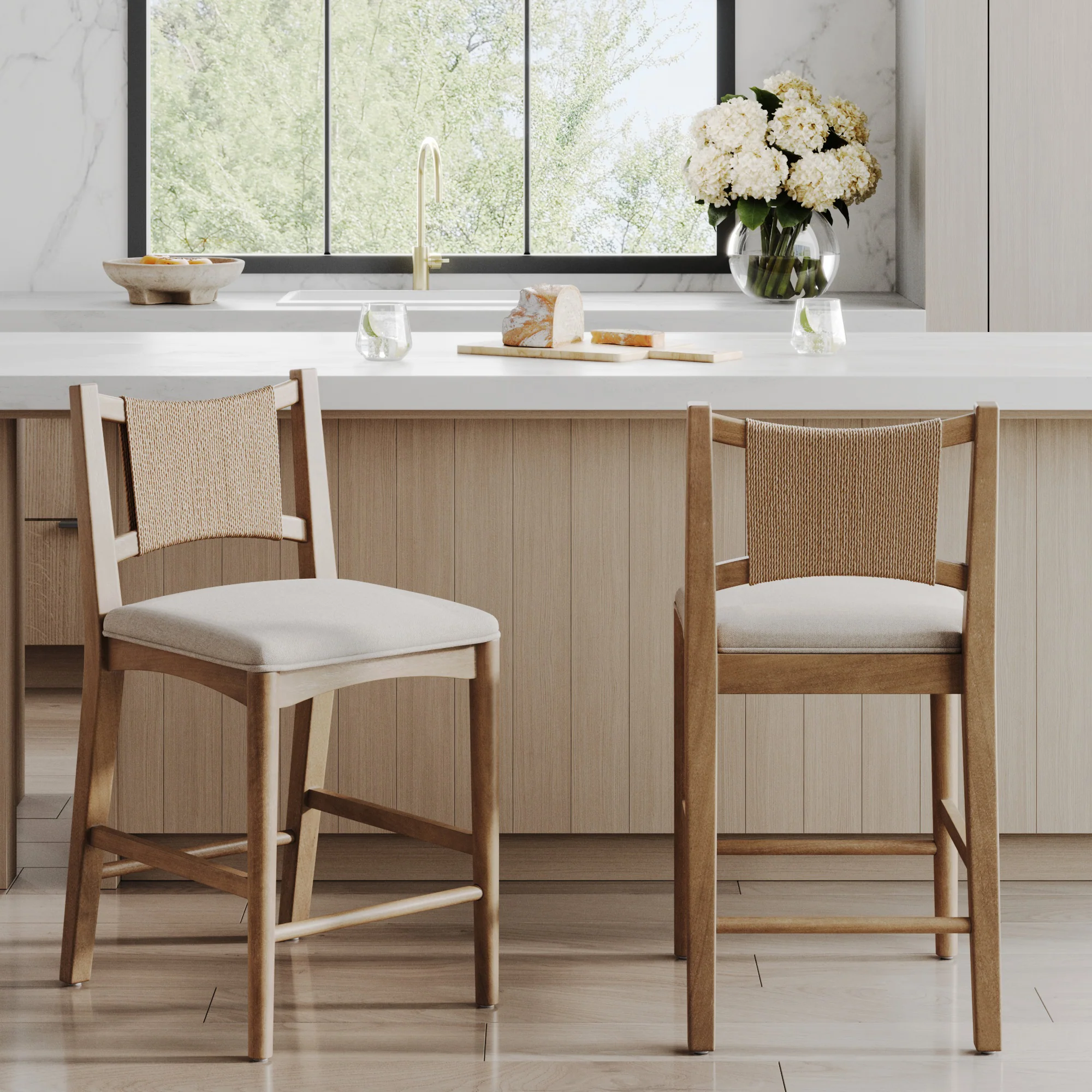Seagrass Back Arched Footrest Counter Height Bar Stool (Set of 2)