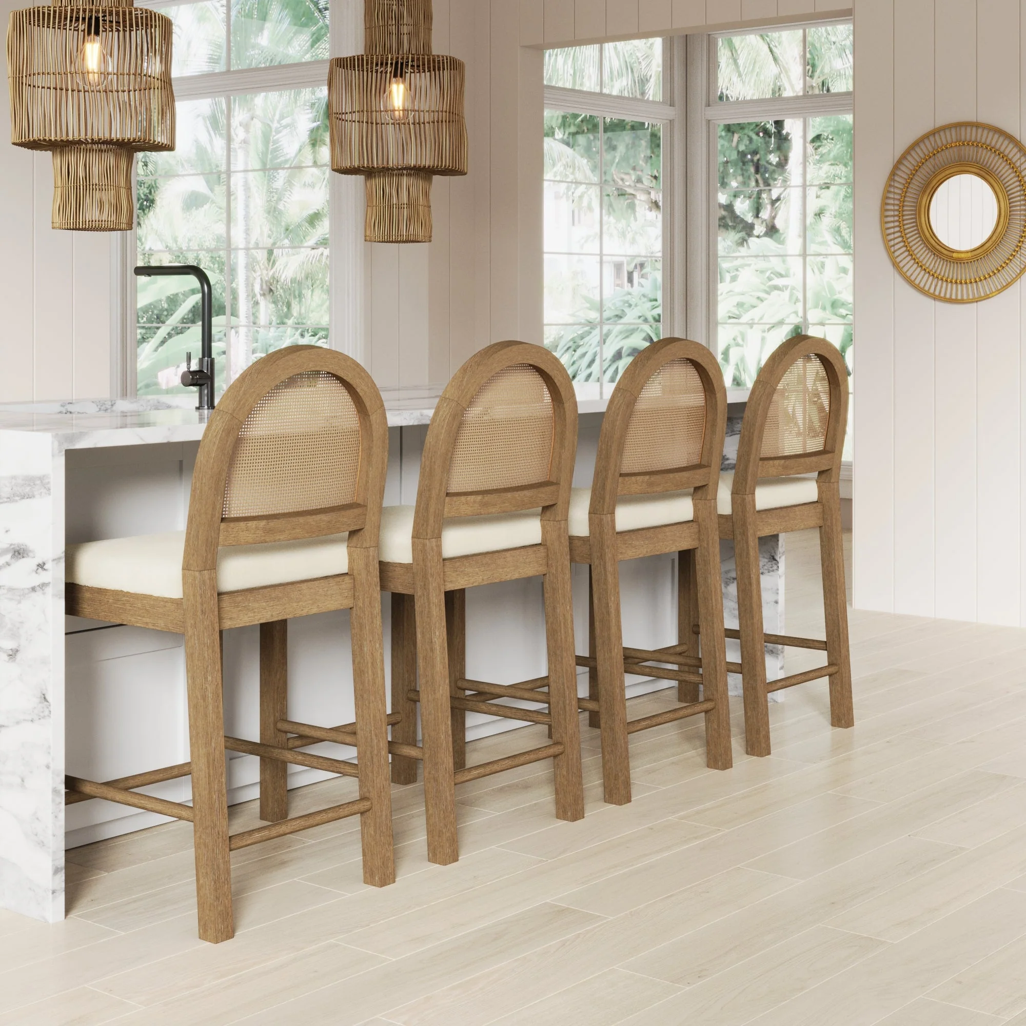 Boucle & Rattan Counter Height Bar Stools Light Brown (Set of 4) - Image 2
