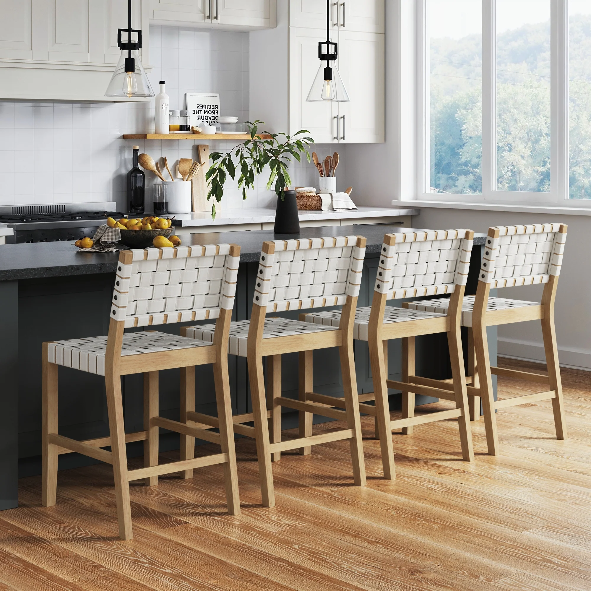 Faux Leather Woven Counter Height Bar Stools Off White (Set of 4)