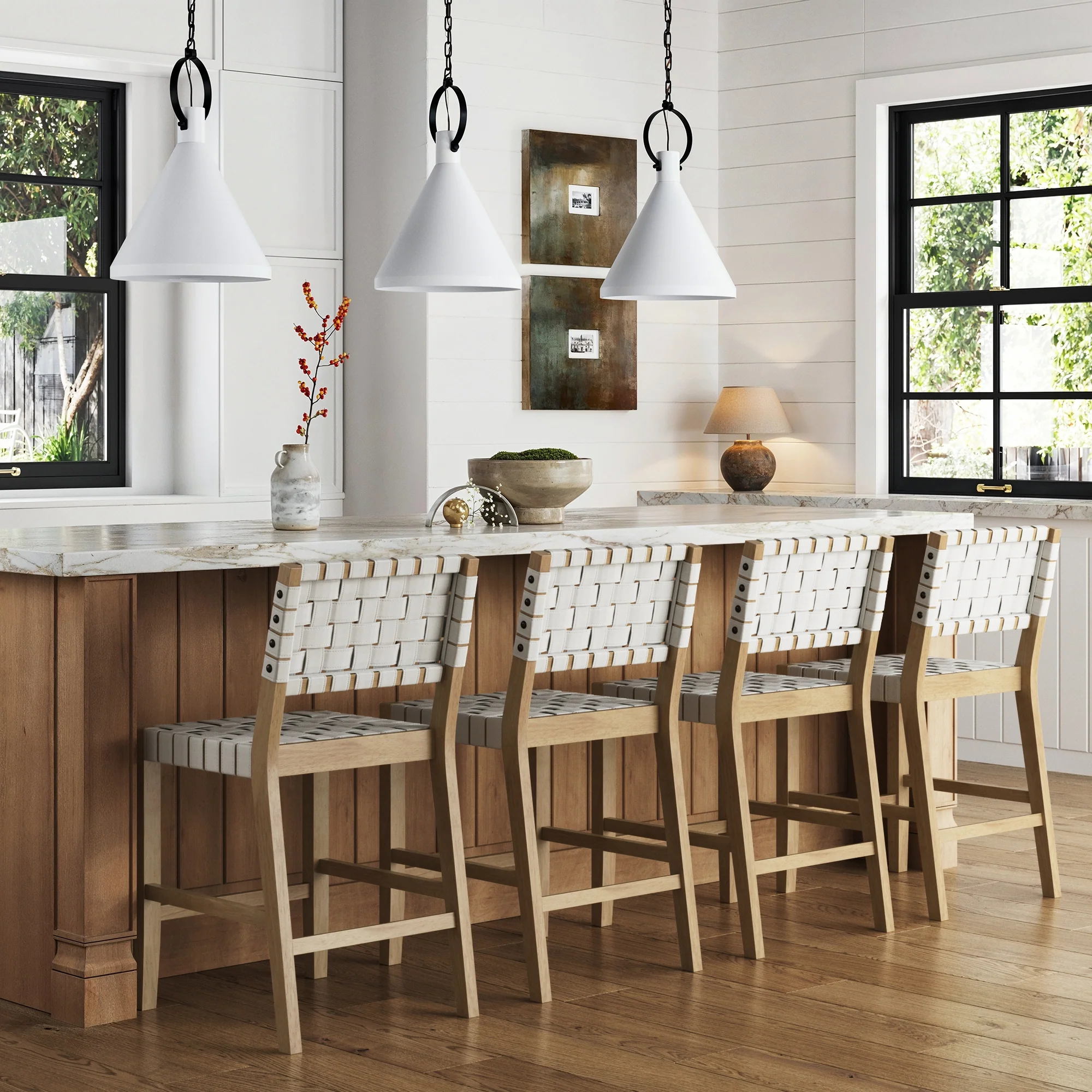 Faux Leather Woven Counter Height Bar Stools Off White (Set of 4) - Image 2