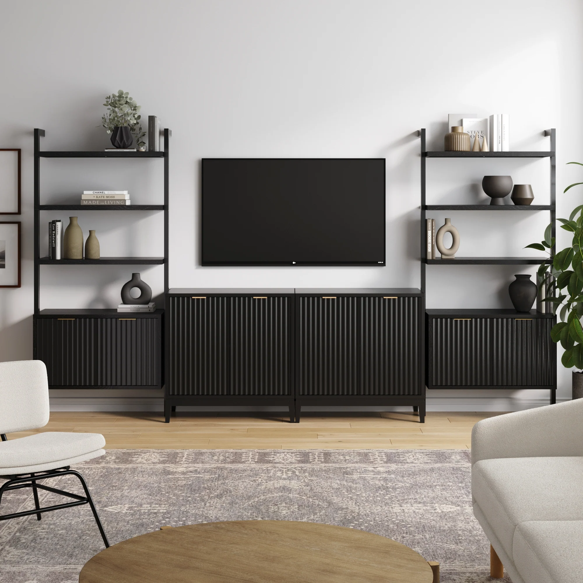 Solid Wood Fluted Entertainment Center Black Oak (2 Cabinets)