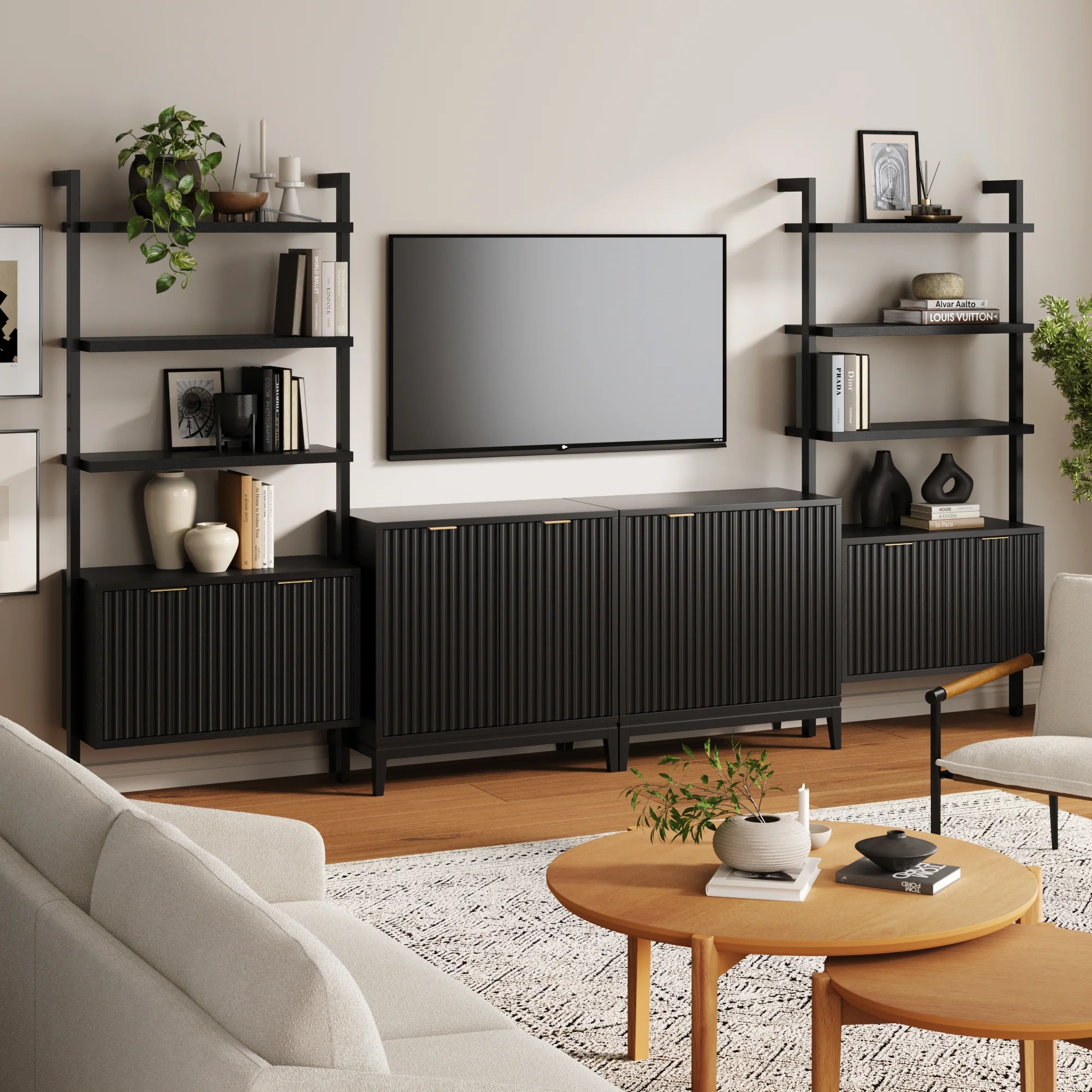Solid Wood Fluted Entertainment Center Black Oak (2 Cabinets) - Image 2