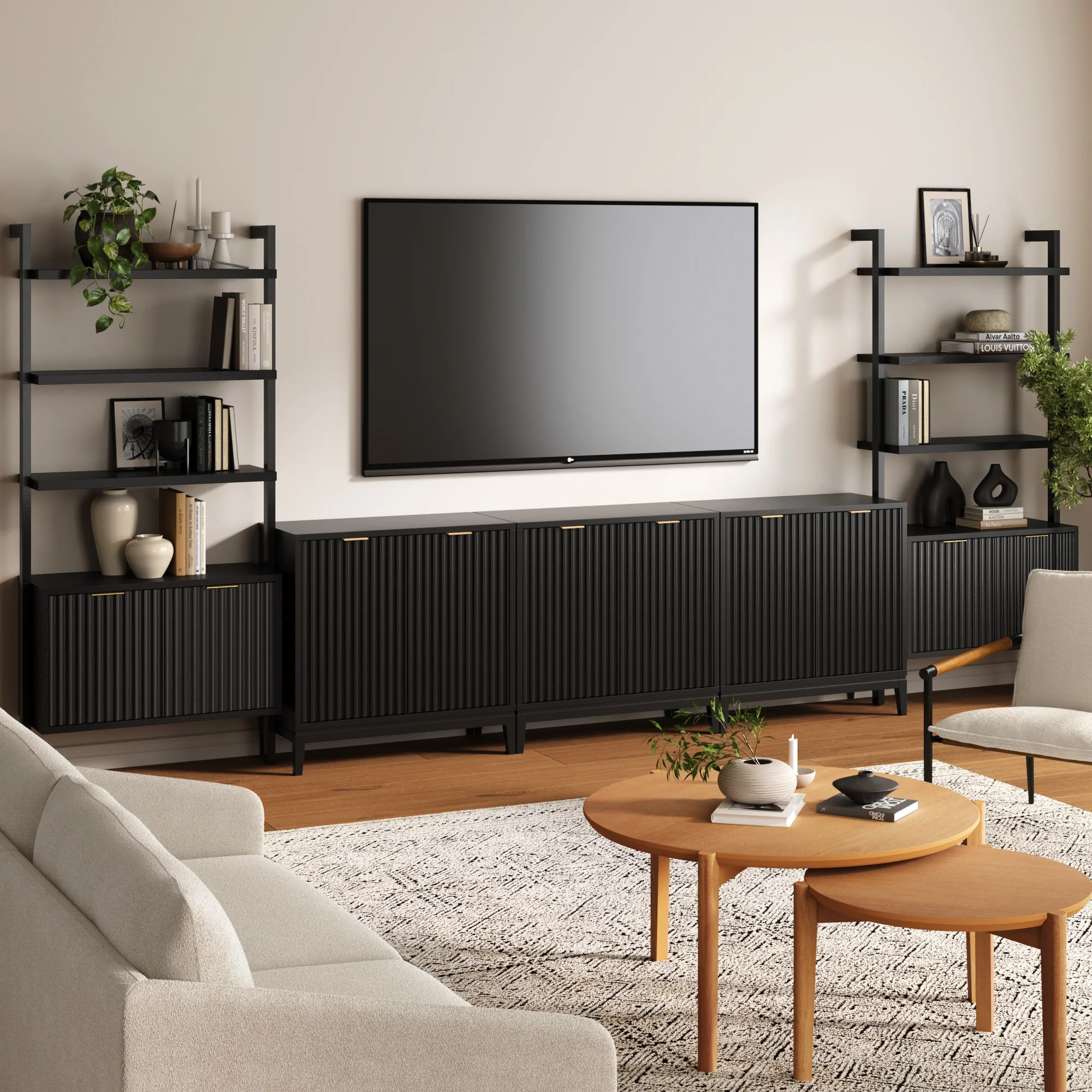 Solid Wood Fluted Entertainment Center (3 Cabinets) - Image 2