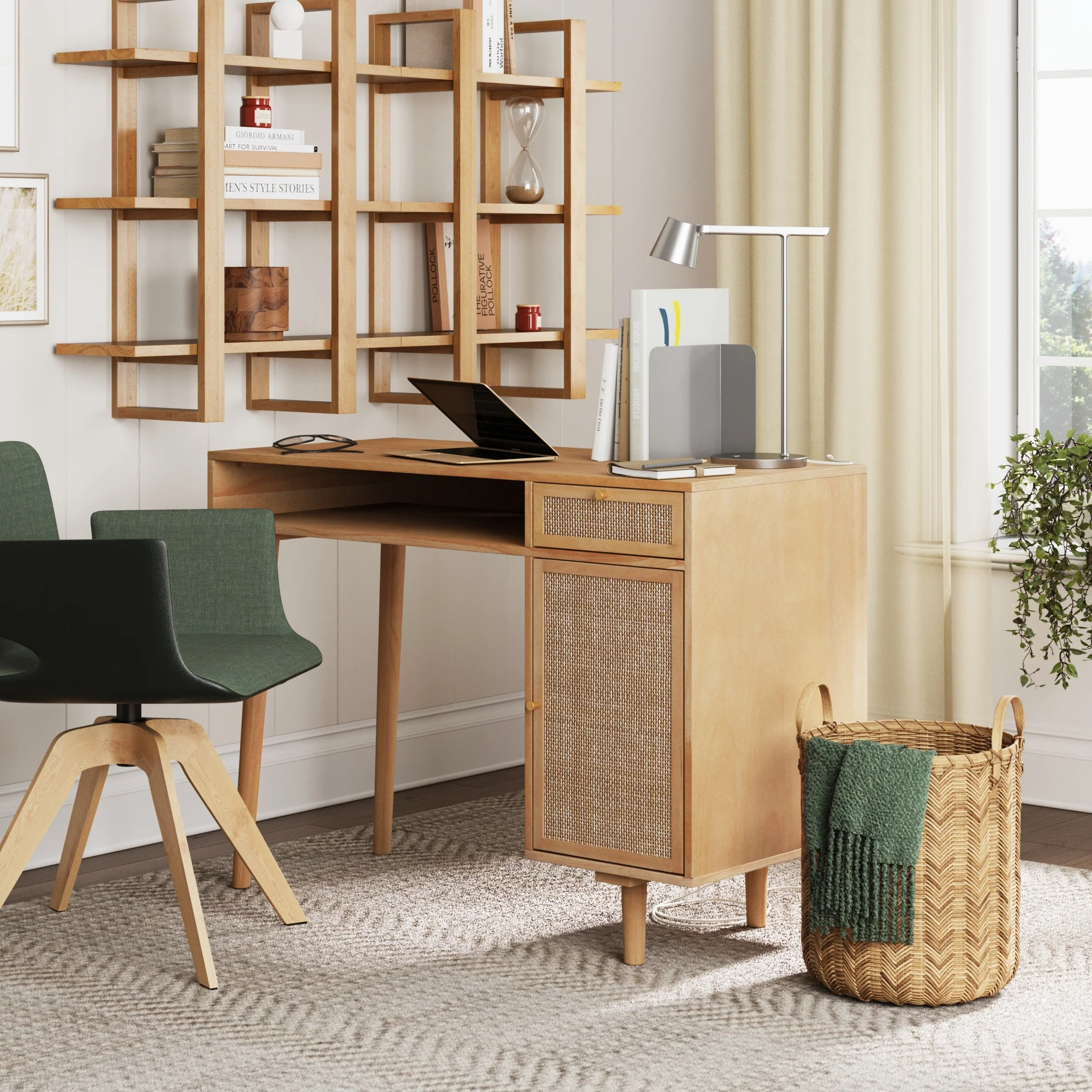 Solid Wood & Rattan Desk and Bookshelf Wall Unit - Image 2