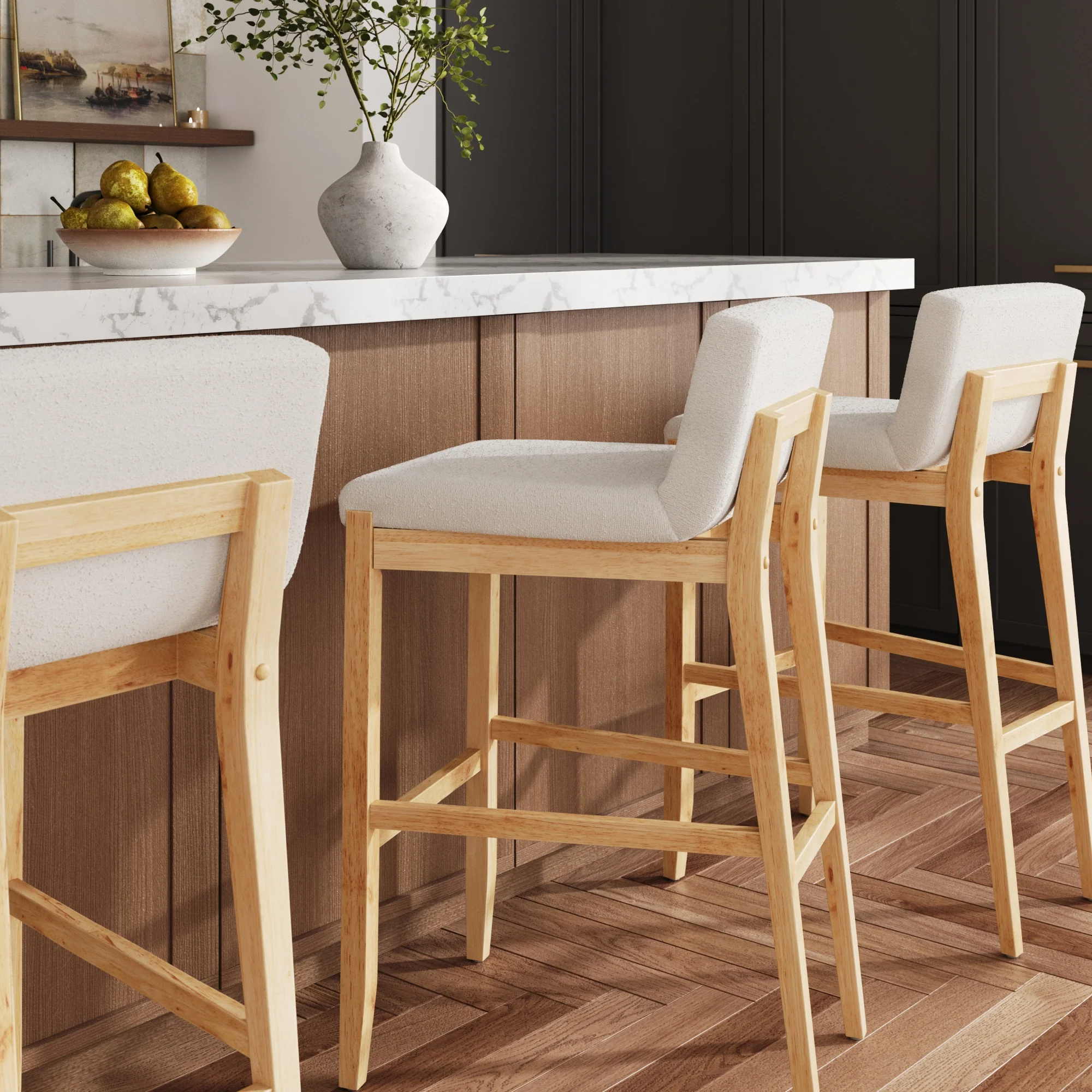 Exposed Wood Back Bar Stool Warm Pine Boucle - Image 2