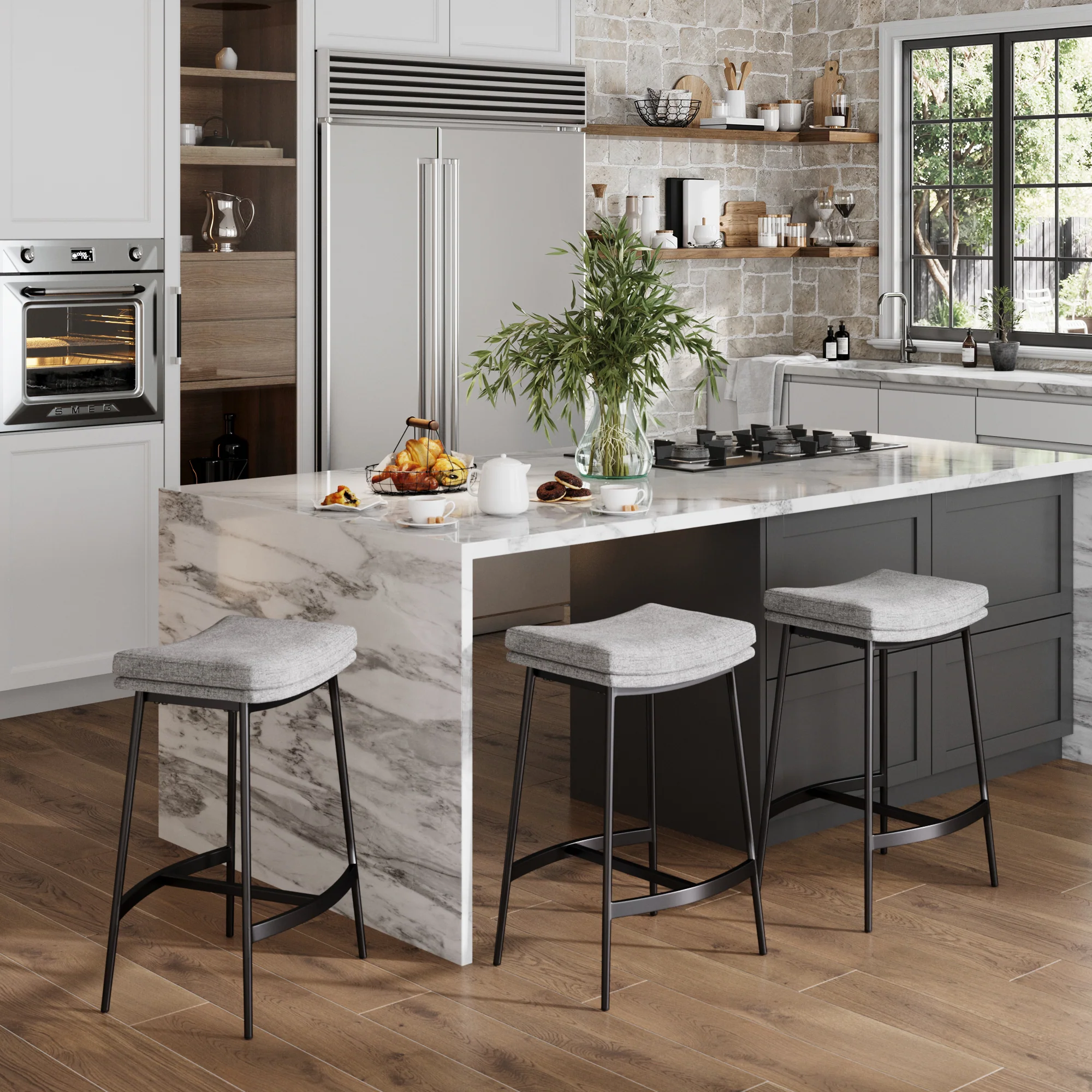Upholstered Counter Height Saddle Bar Stools Gray (Set of 3) - Image 2