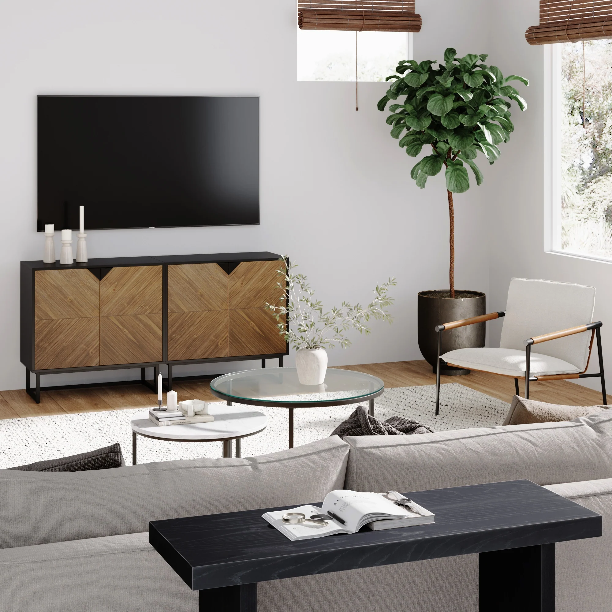 Wood 2-Door TV Console for 55-65" TVs Brushed Fir - Image 2