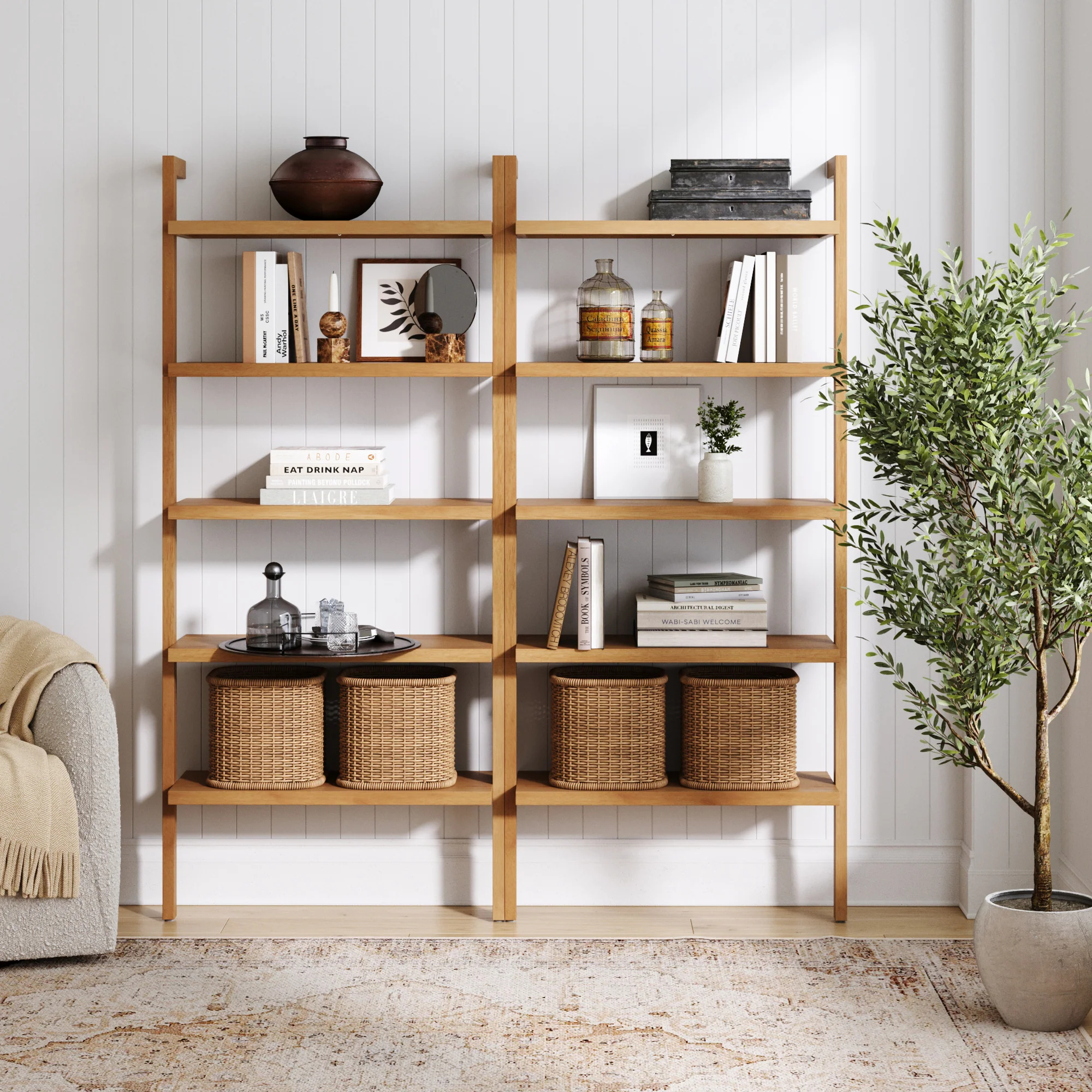 Wood 5-Shelf Ladder Wall Bookshelf Warm Pine (Set of 2)