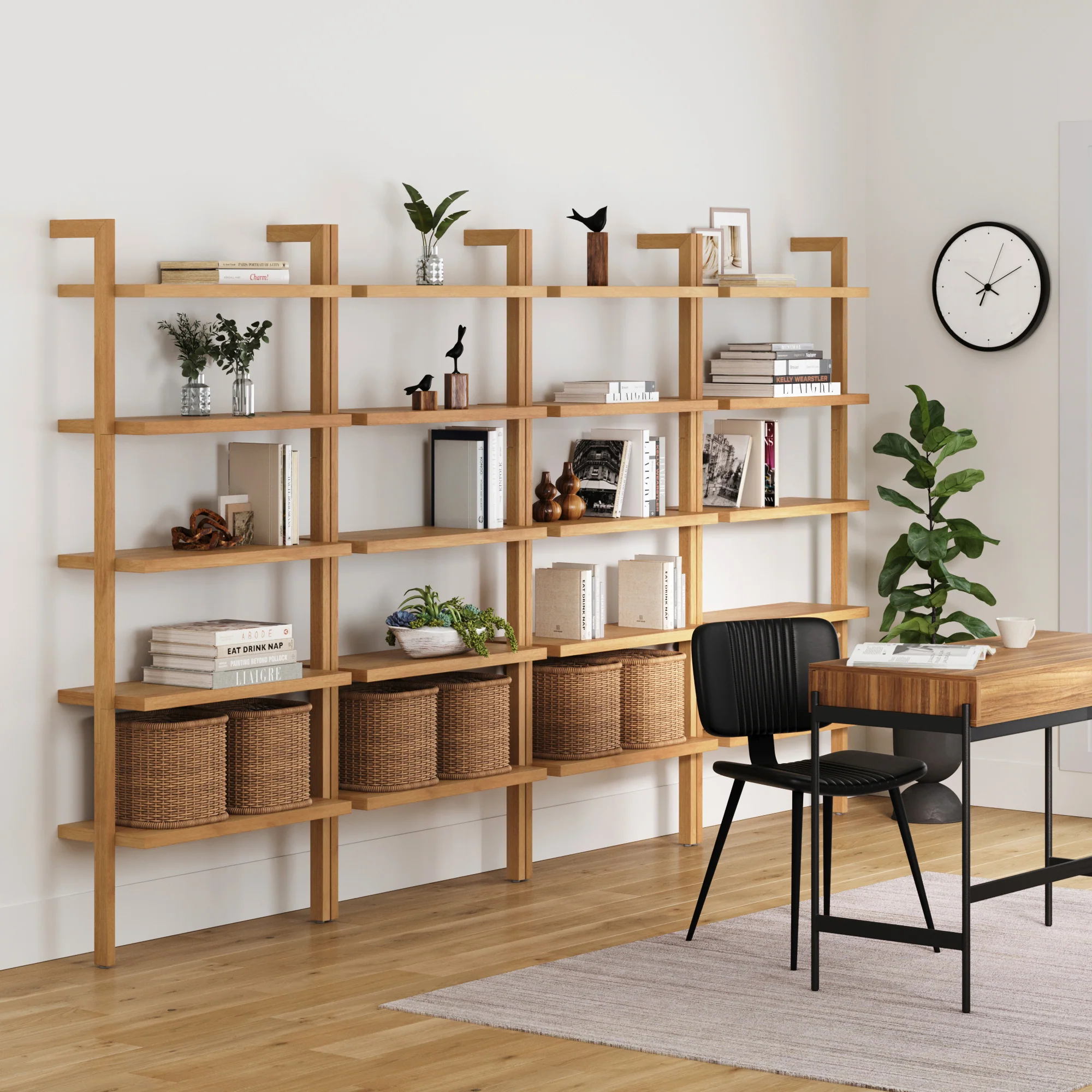 Wood 5-Shelf Ladder Wall Bookshelf Warm Pine (Set of 4) - Image 2