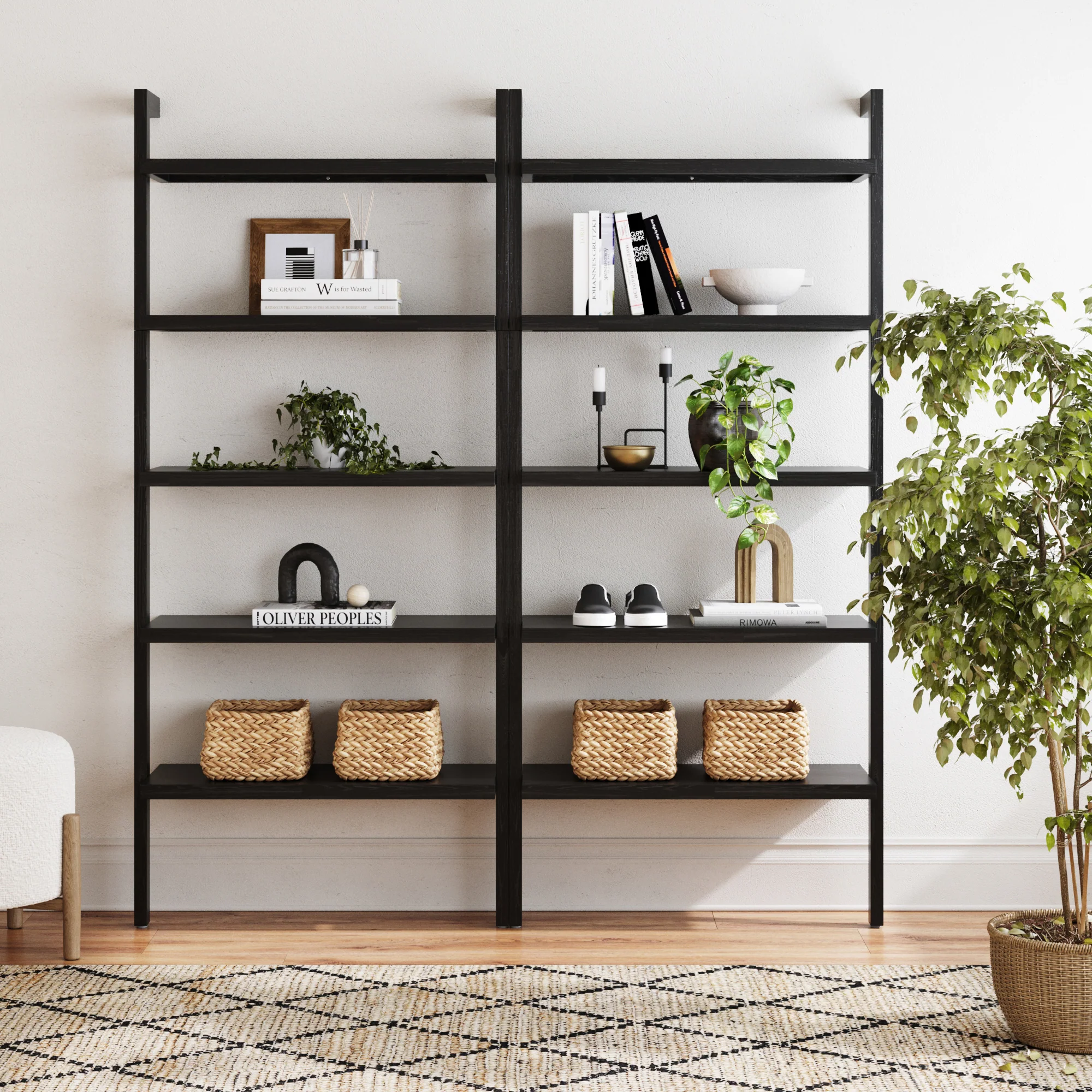 Wood 5 Tier Wall Mounted Bookshelf Black Oak (Set of 2)