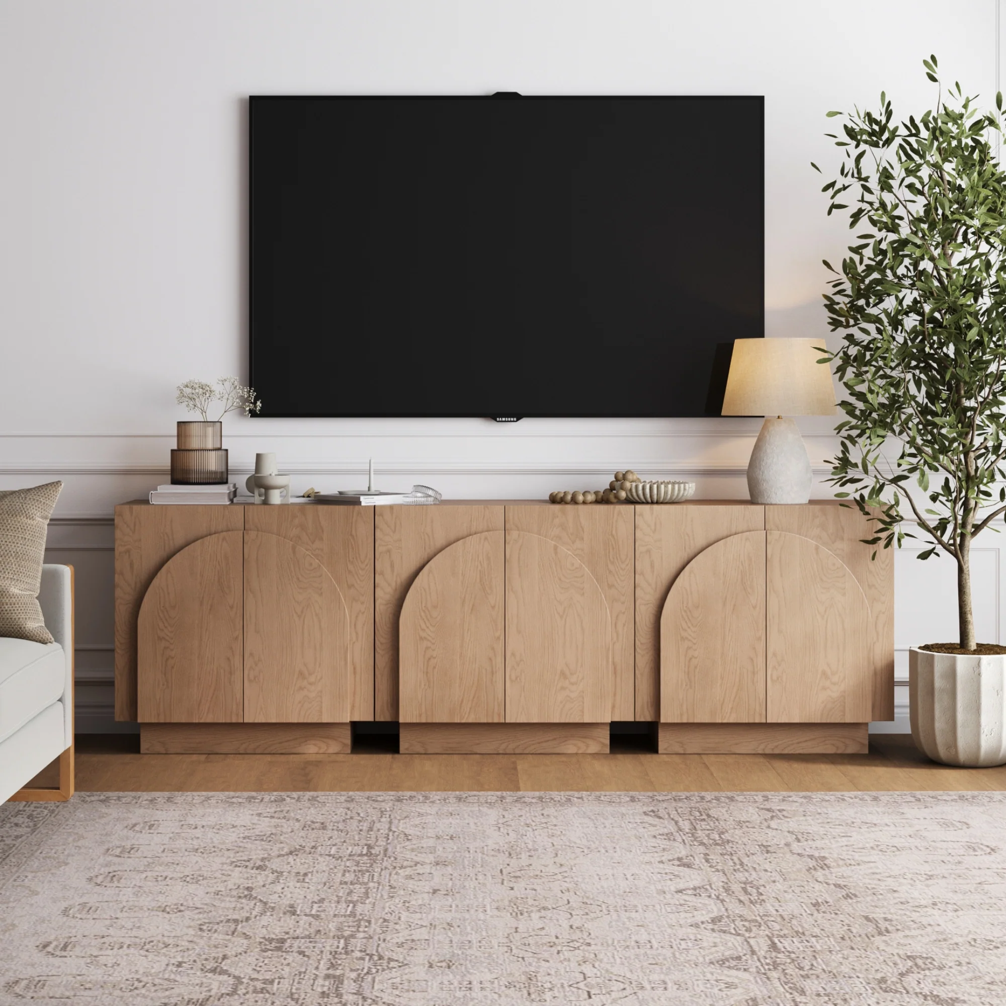 Wood Arched TV Console Stand for TVs 75-85" Oak
