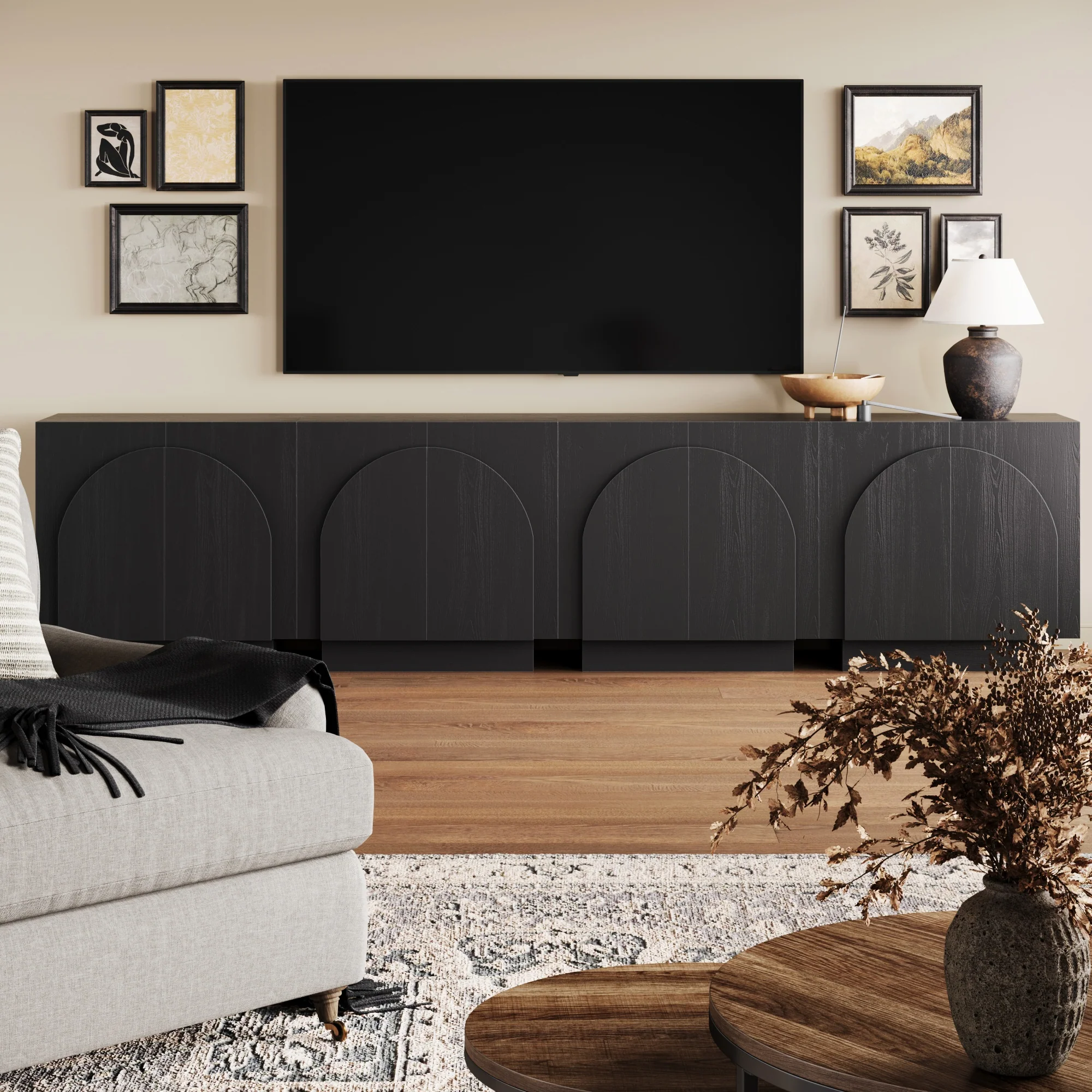 Wood Arched TV Console Stand for TVs 85" Black