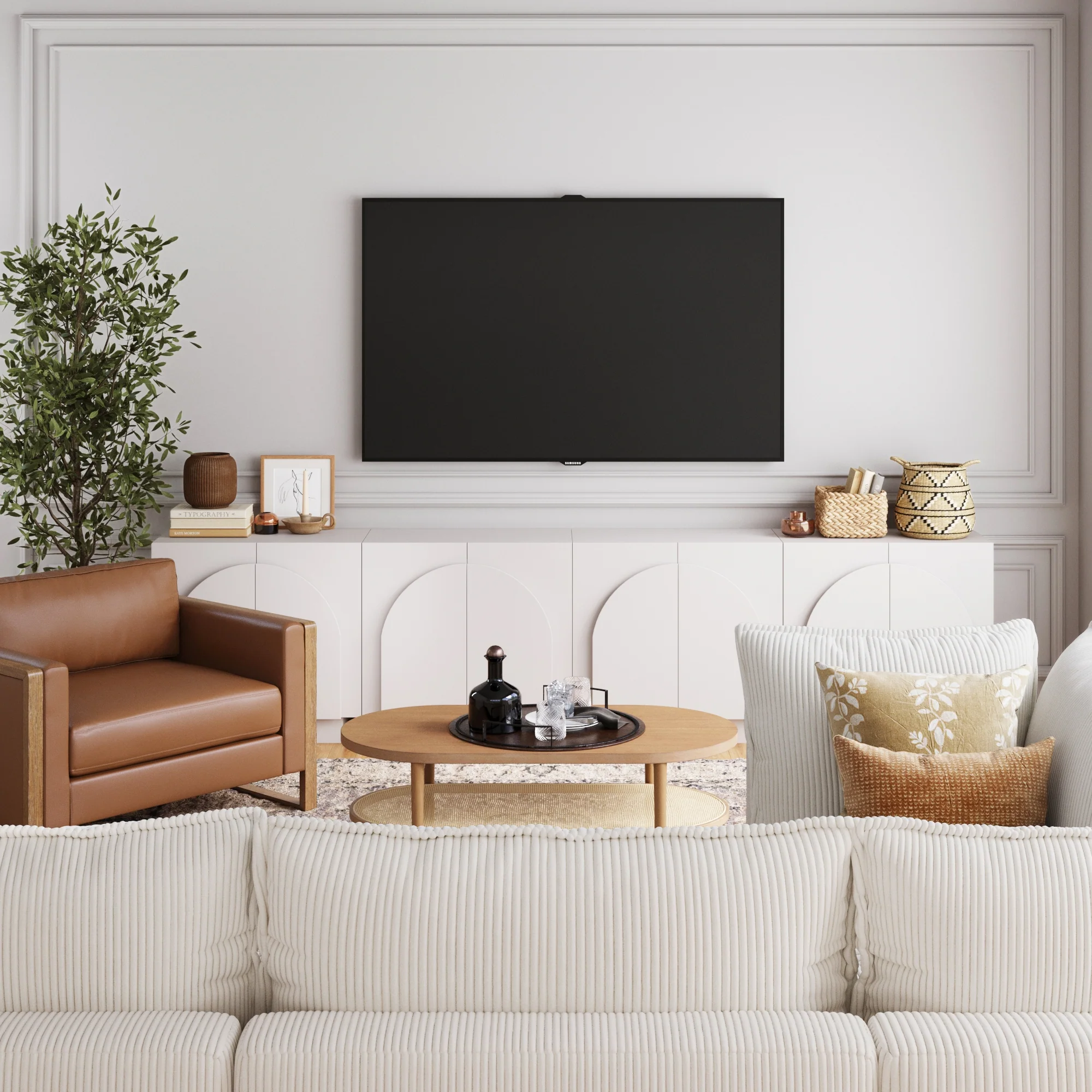 Wood Arched TV Console Stand for TVs 85" White