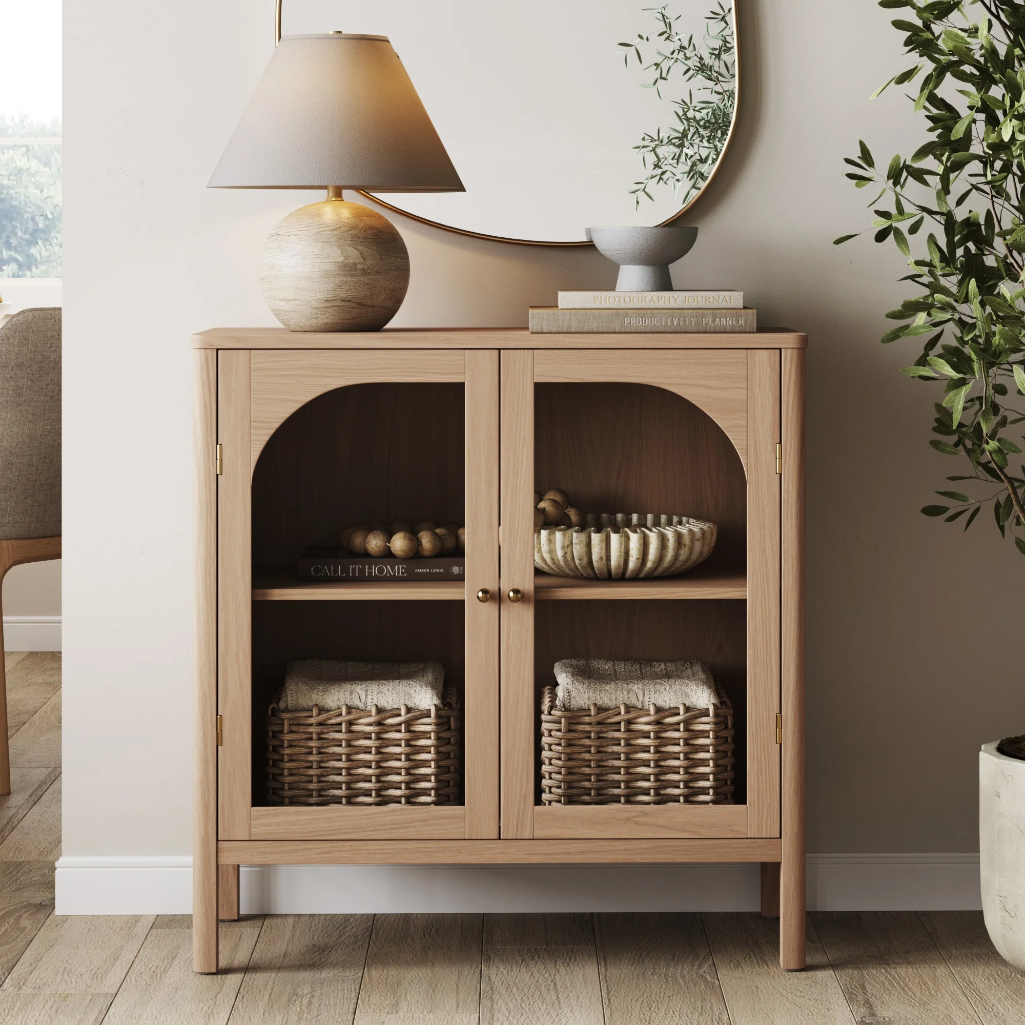 Wood Curio Cabinet with Glass Doors Raw Oak