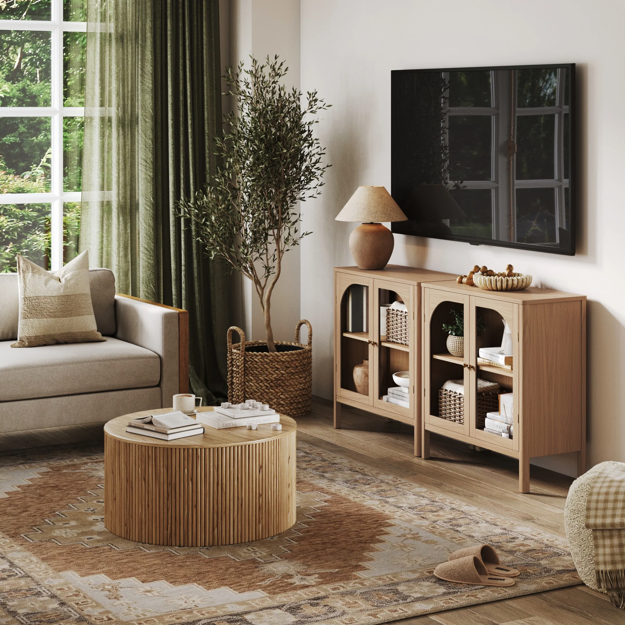 Wood Curio Cabinet with Glass Doors Raw Oak - Image 2