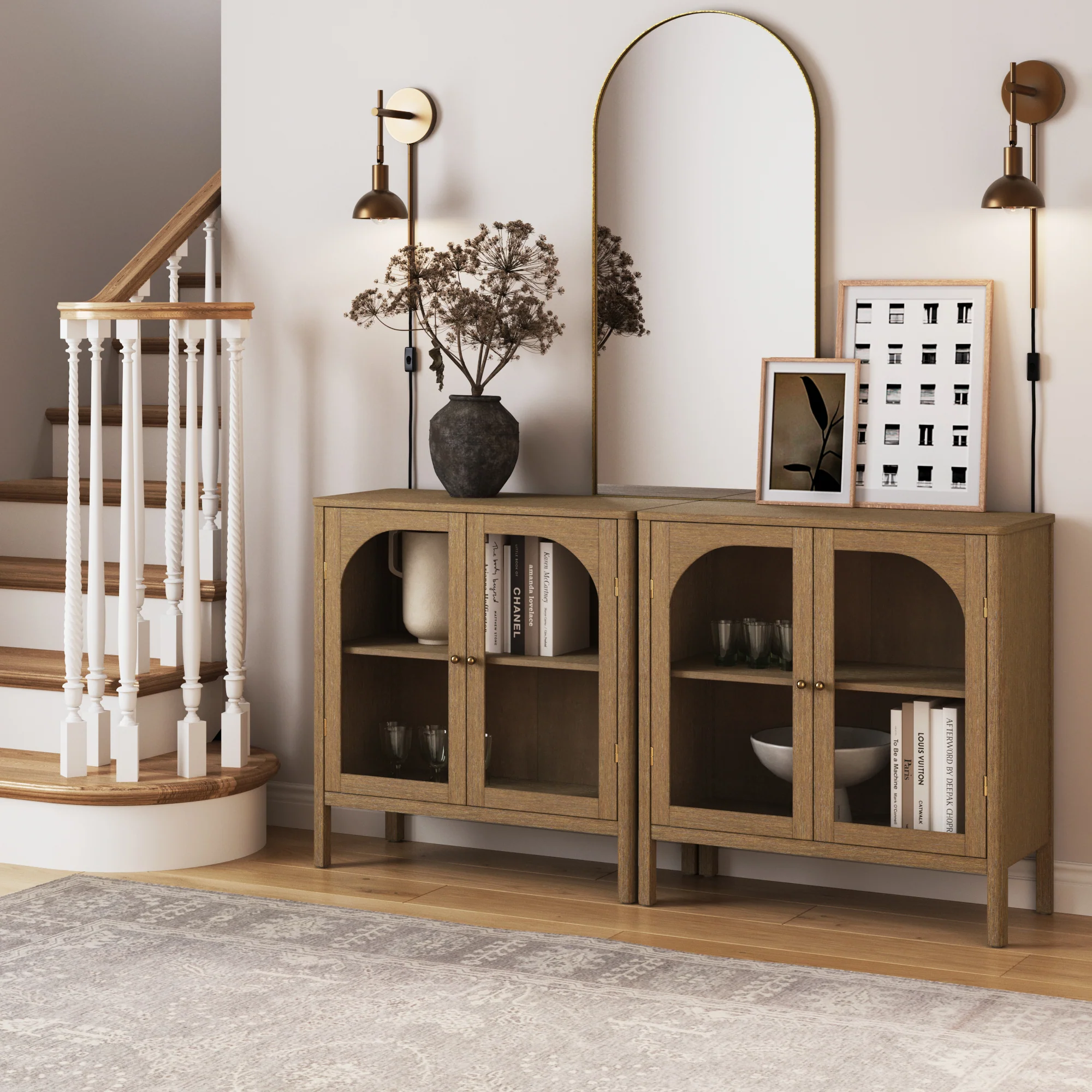 Curio Cabinet Credenza with Glass Door Brown (Set of 2)