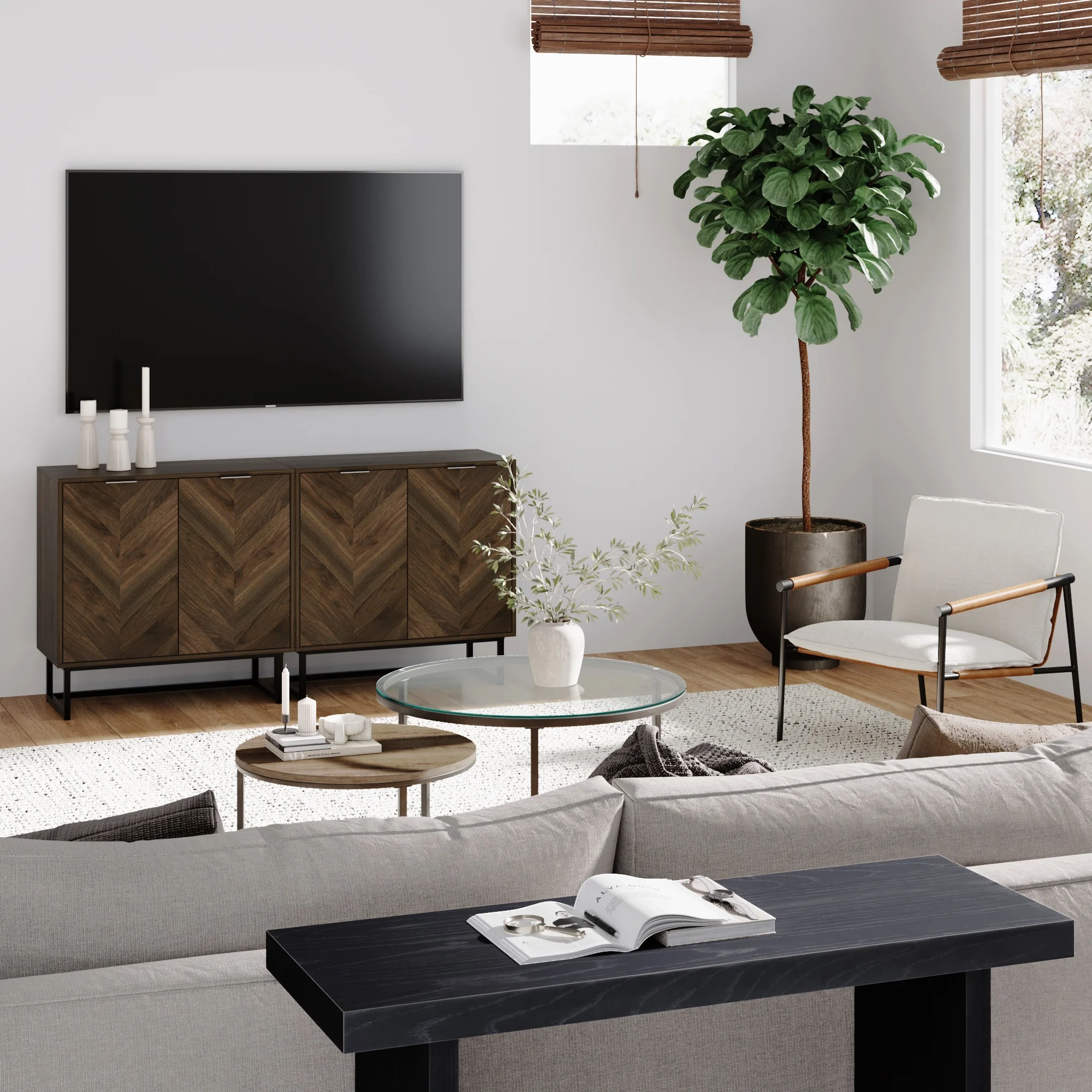 Wood Herringbone TV Console for 55-65" TVs Walnut - Image 2