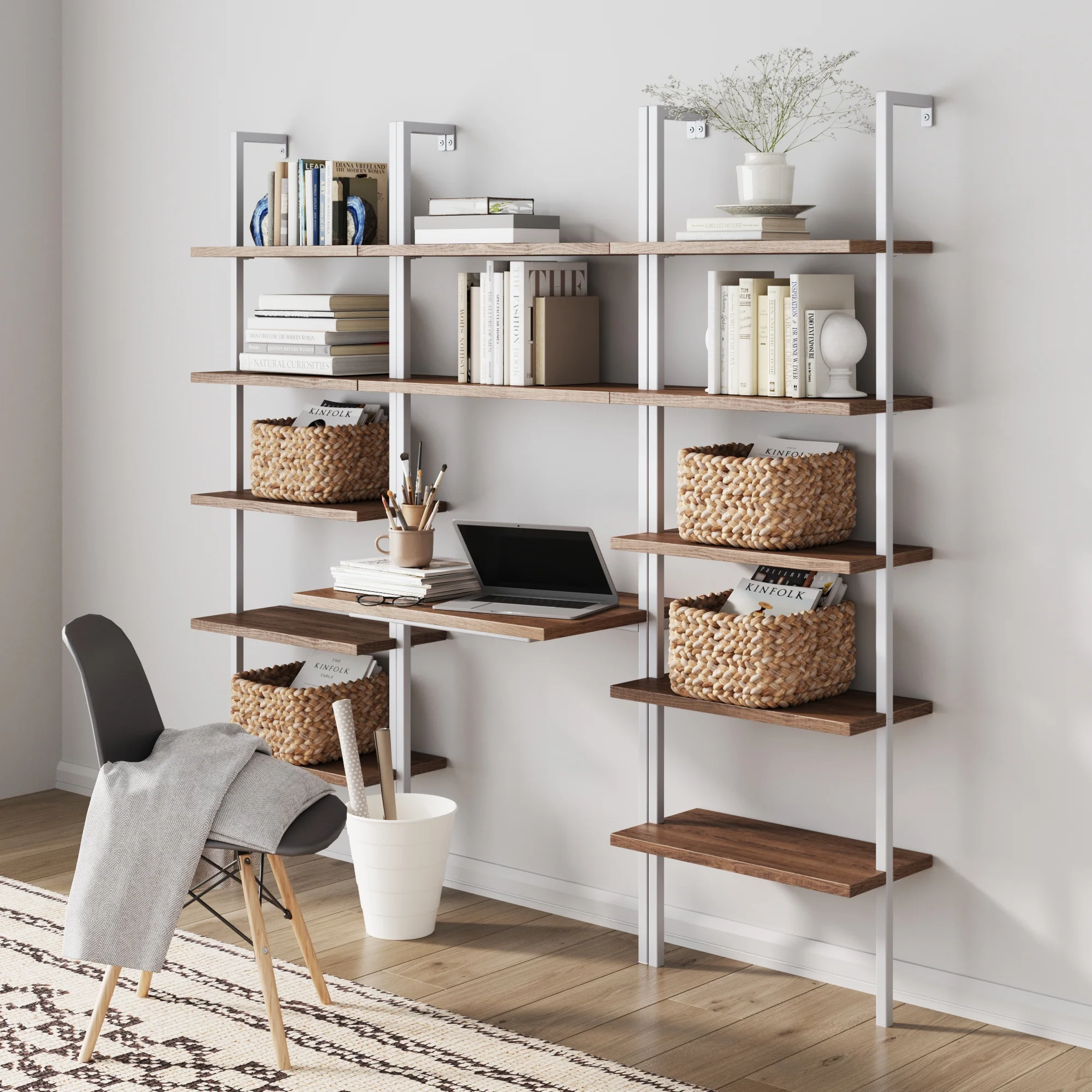 Wood & Metal Wall Mount Office Desk Set Rustic Oak - Image 2