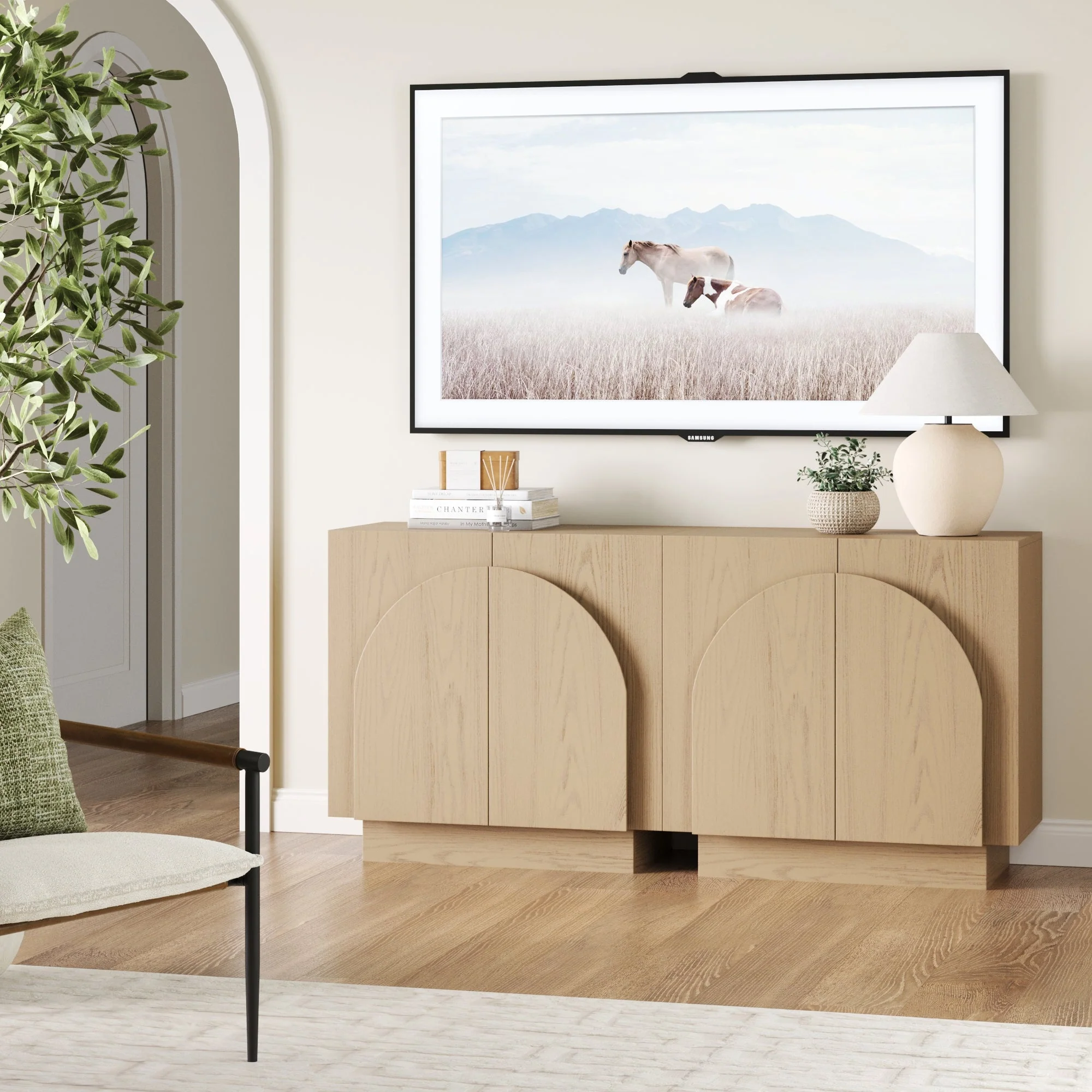 Wood Mid-Century Arched Storage Cabinet Credenza Gray Oak (Set of 2)