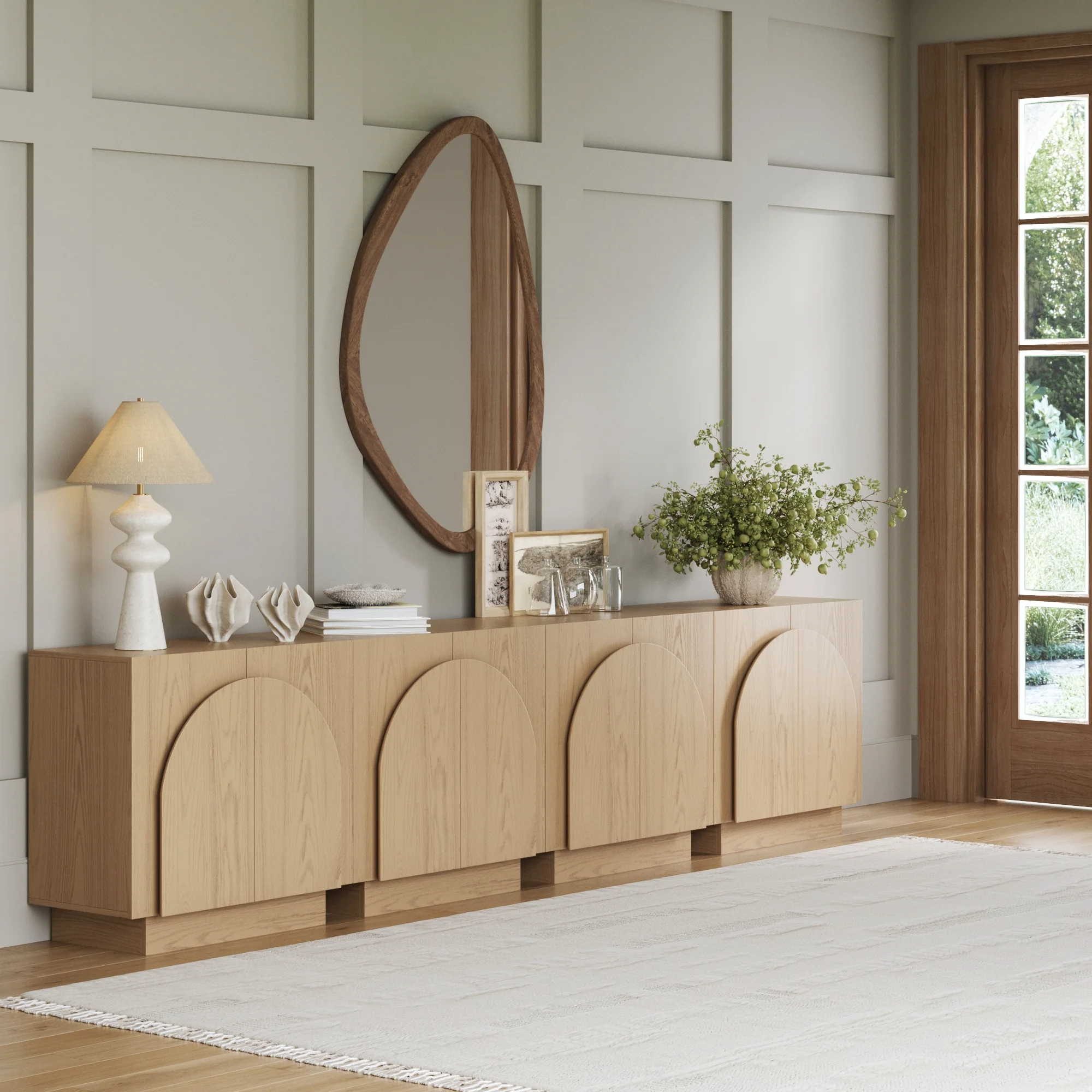 Wood Mid-Century Arched Credenza Cabinet Gray Oak (Set of 4)