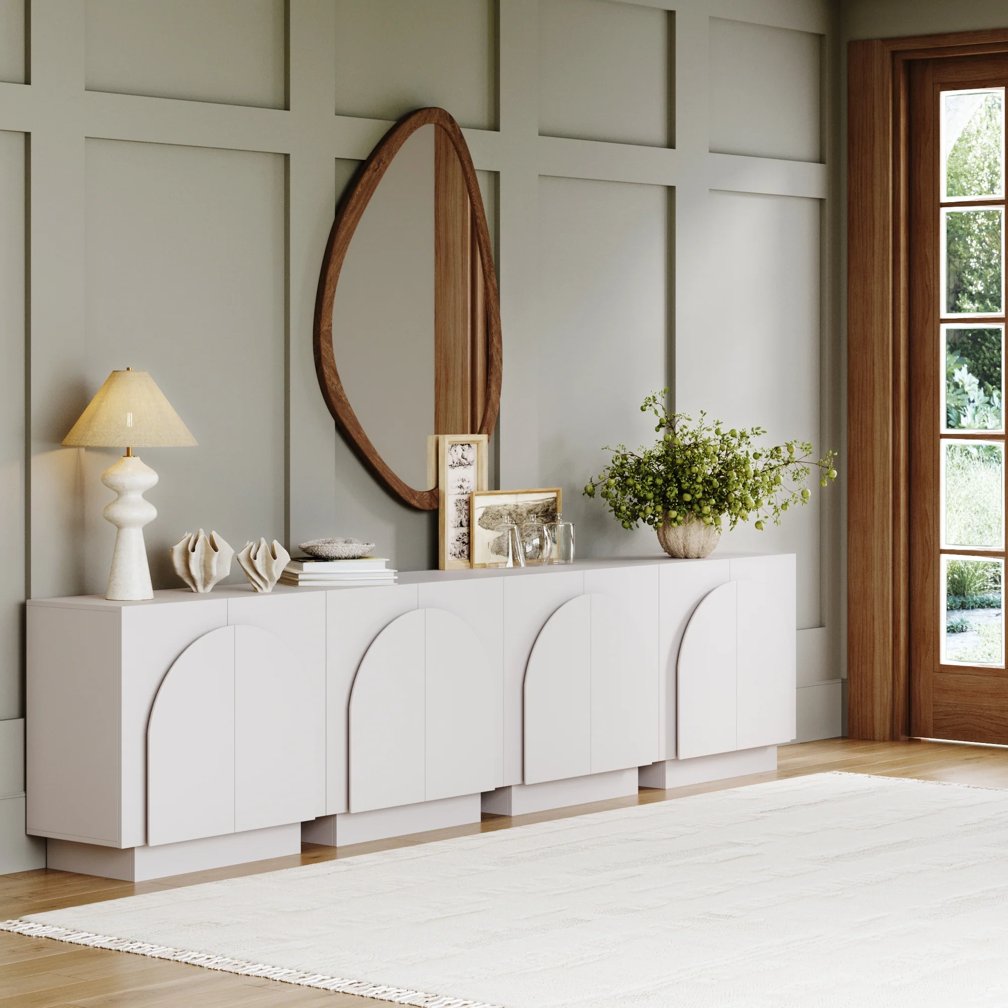 Wood Mid-Century Arched TV Console Credenza White (Set of 4)