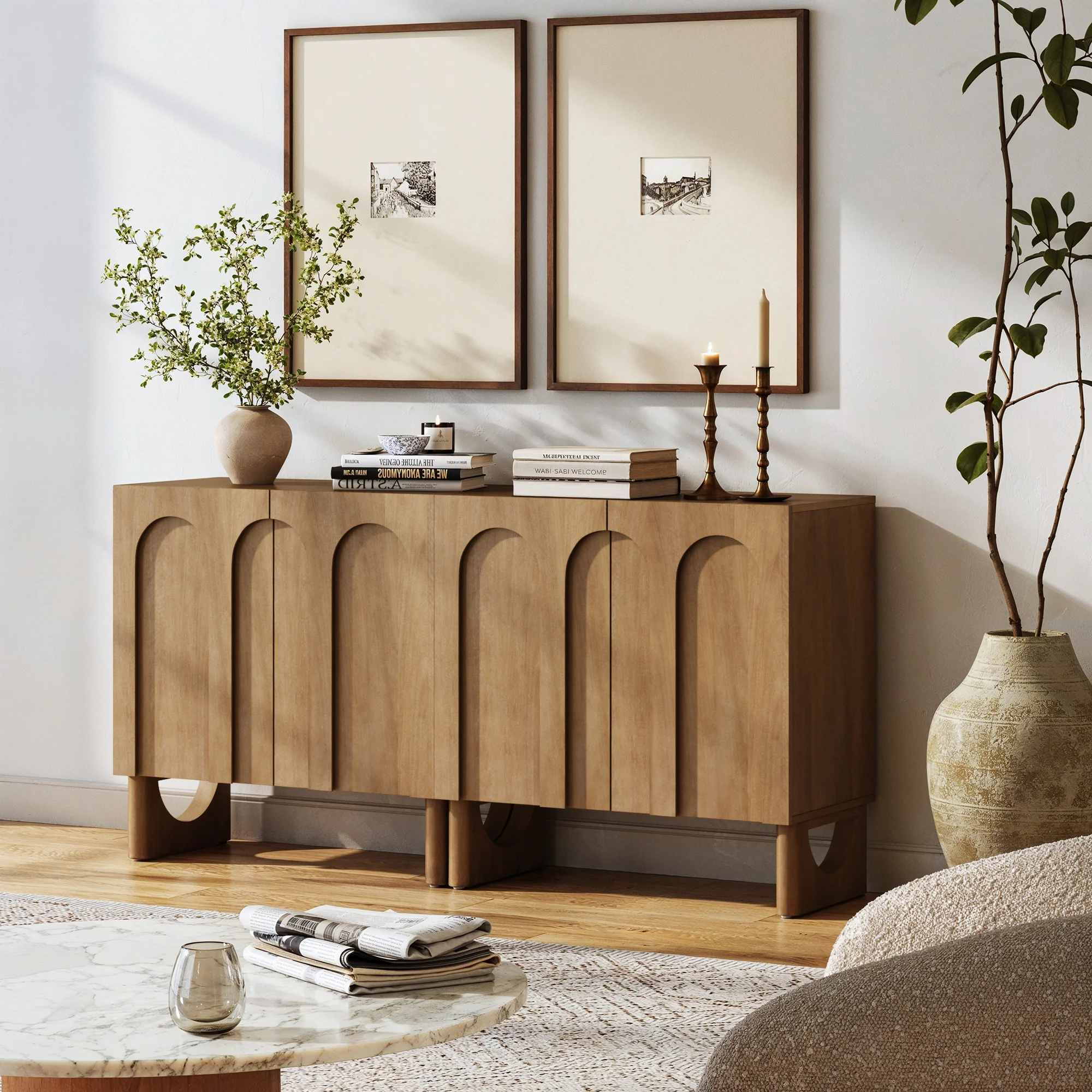 Wood Modular TV Console with Arched Doors for TVs 55-65" Light Brown - Image 2