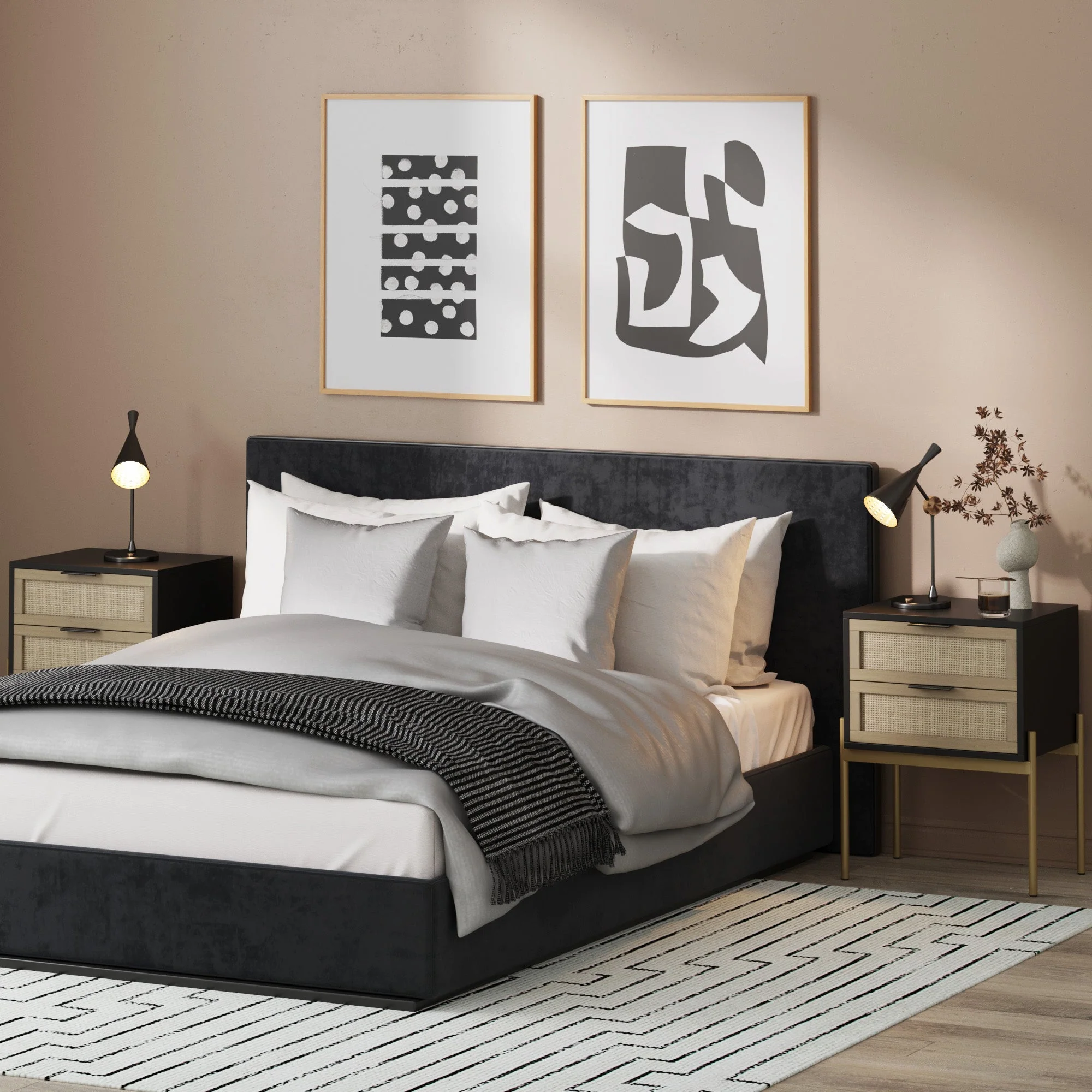 Wood & Rattan Nightstands Black (Set of 2) - Image 2