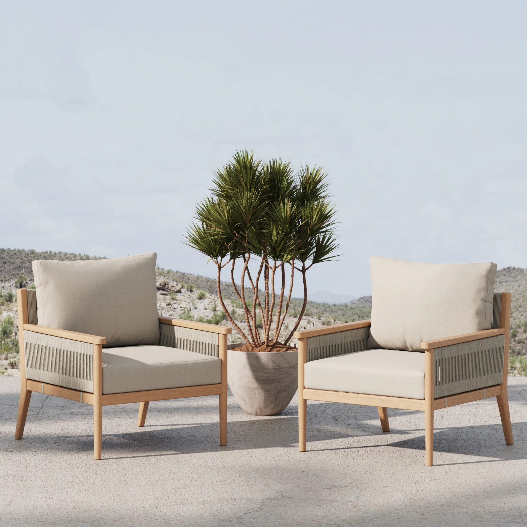 Outdoor Wood & Rope Patio Arm Chairs Ash White (Set of 2)