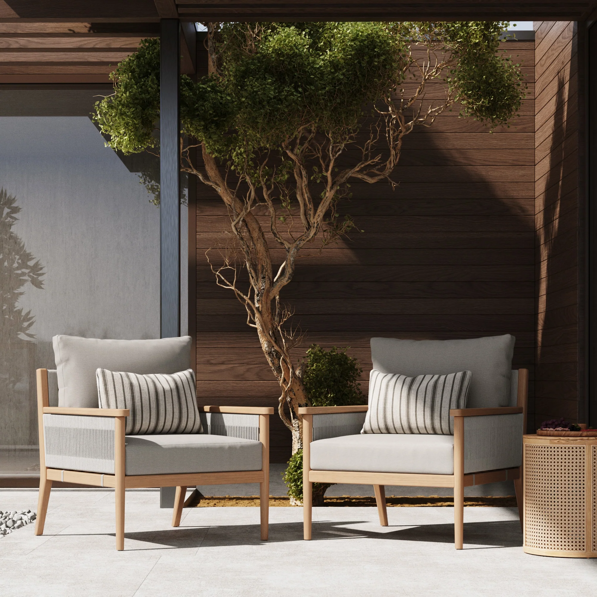 Outdoor Wood & Rope Patio Arm Chairs Ash White (Set of 2) - Image 2