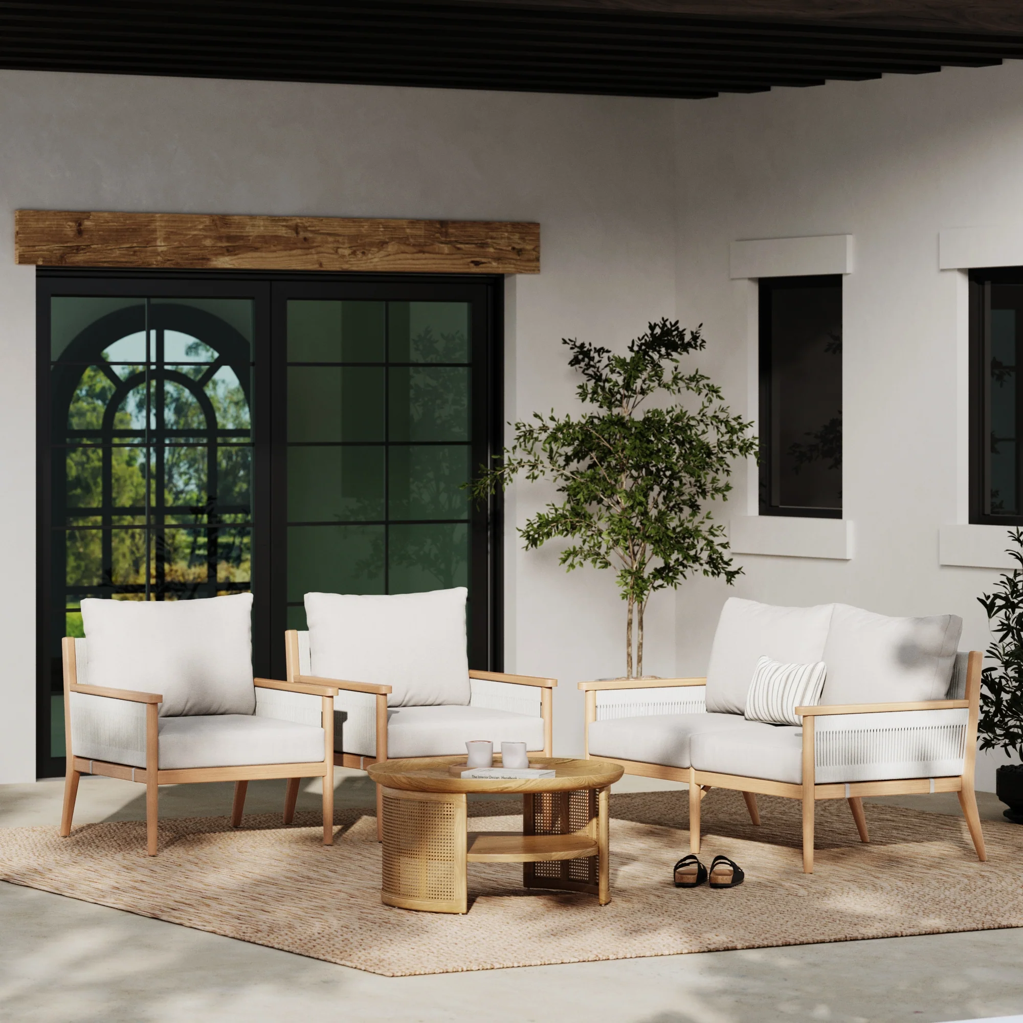 Outdoor Wood & Rope Patio Arm Chairs Ash White (Set of 4) - Image 2