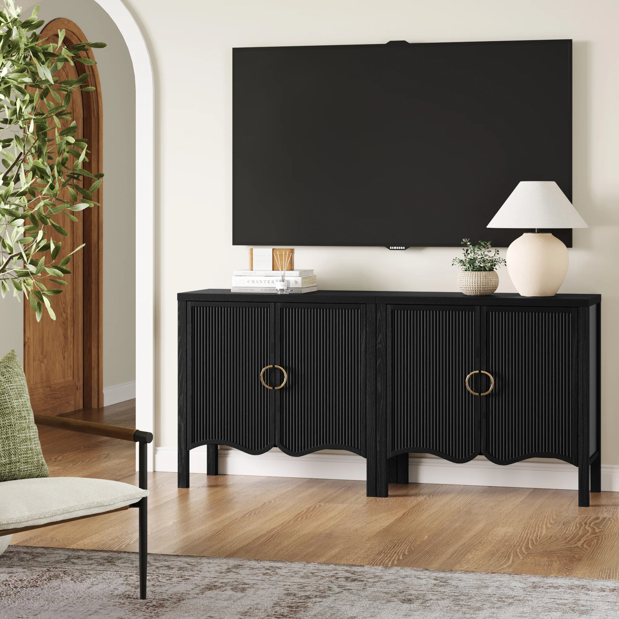Wood Transitional Fluted TV Console Black Oak for 55-65" TVs