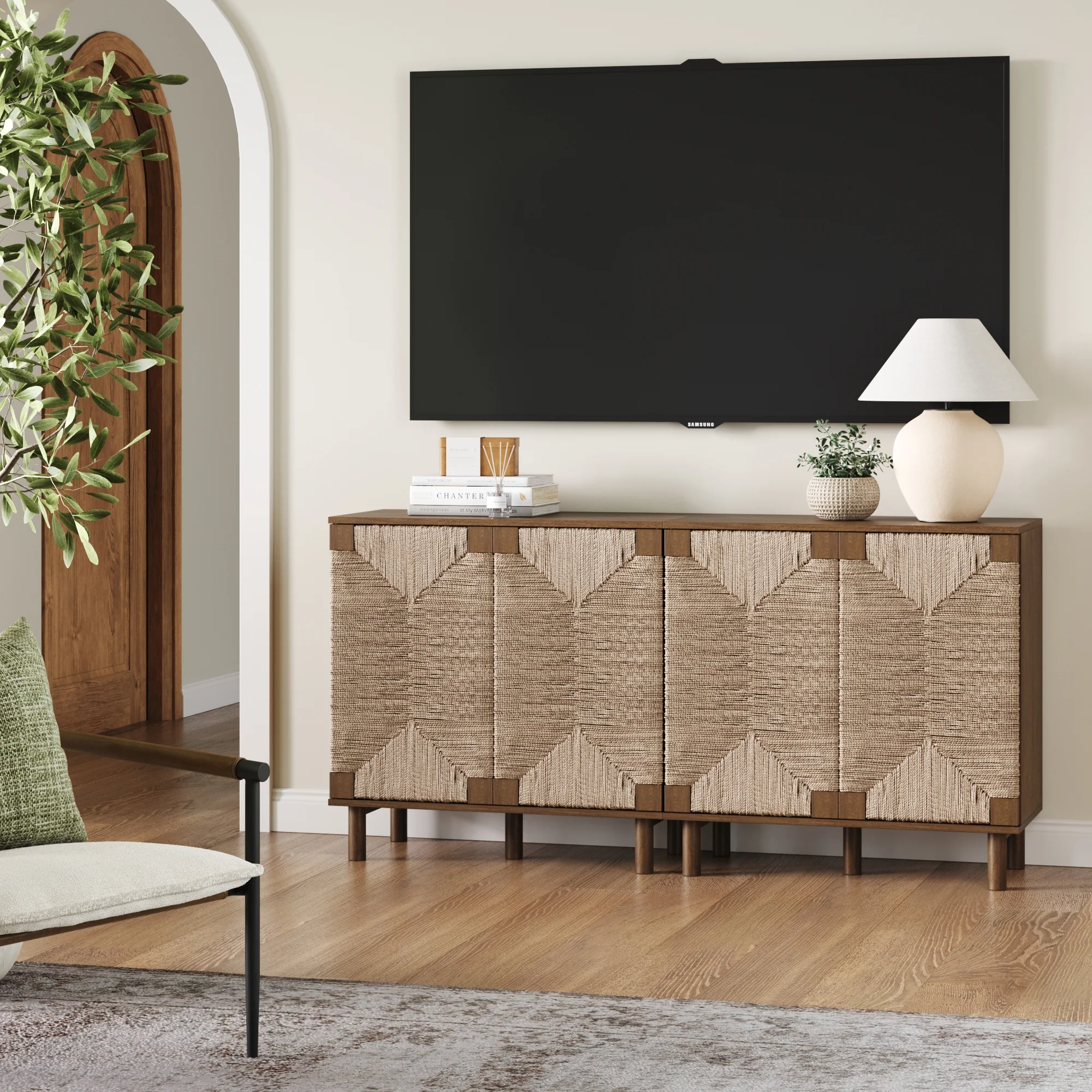 Wood TV Console for TVs 55-65" with Seagrass Doors Dark Brown
