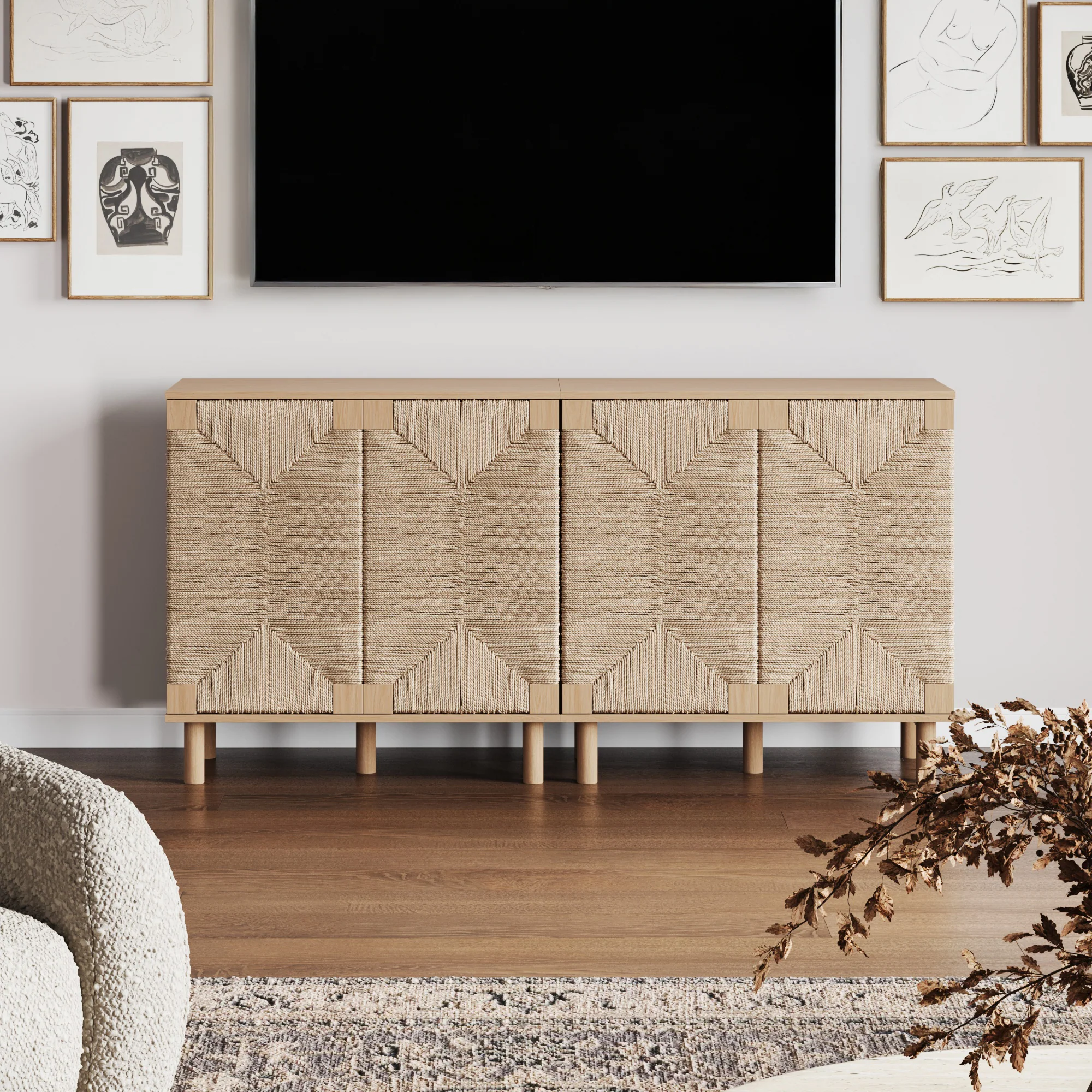 Wood TV Console for TVs 55-65" with Seagrass Doors Raw Oak