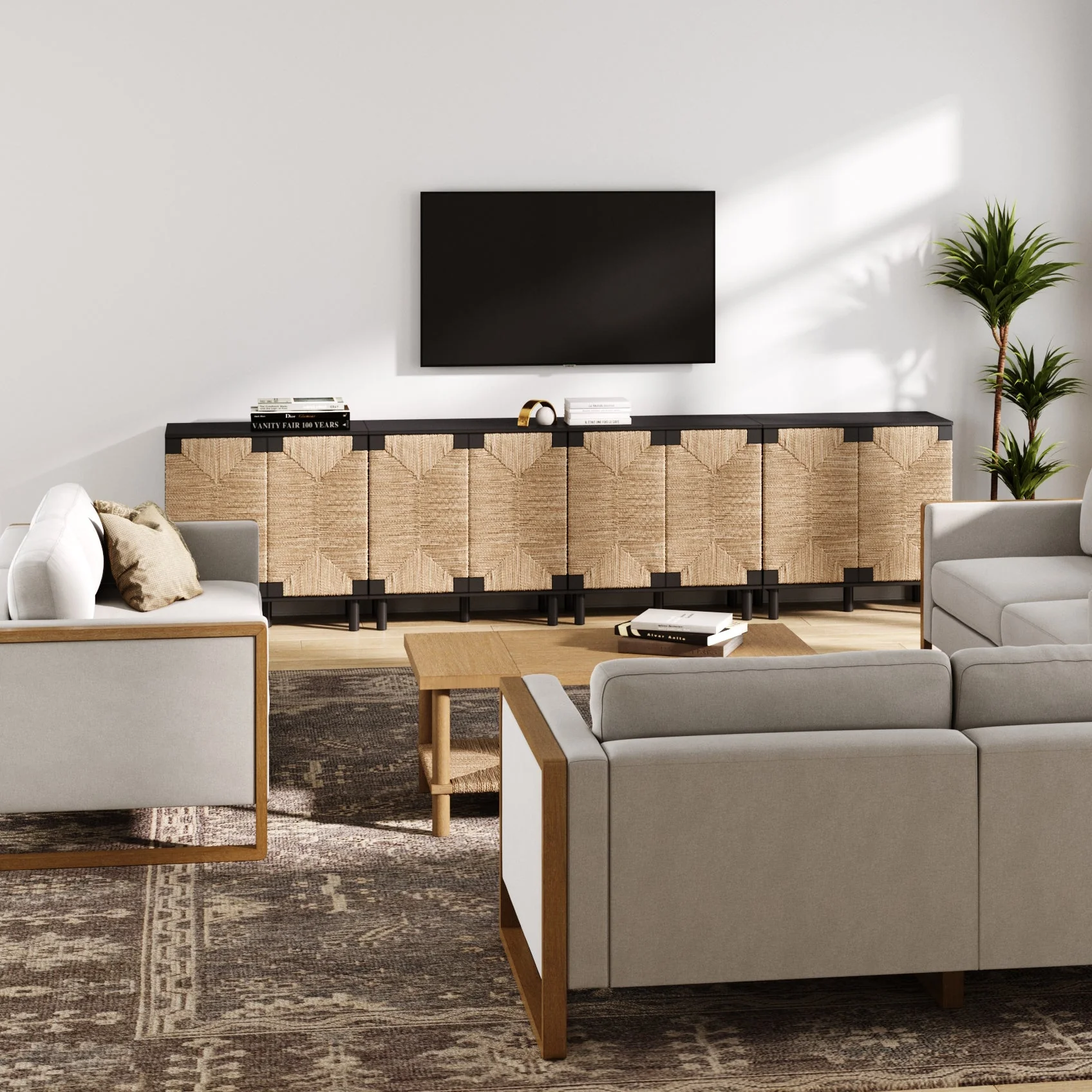 Wood TV Console for TVs 85" with Seagrass Doors Brushed Black - Image 2