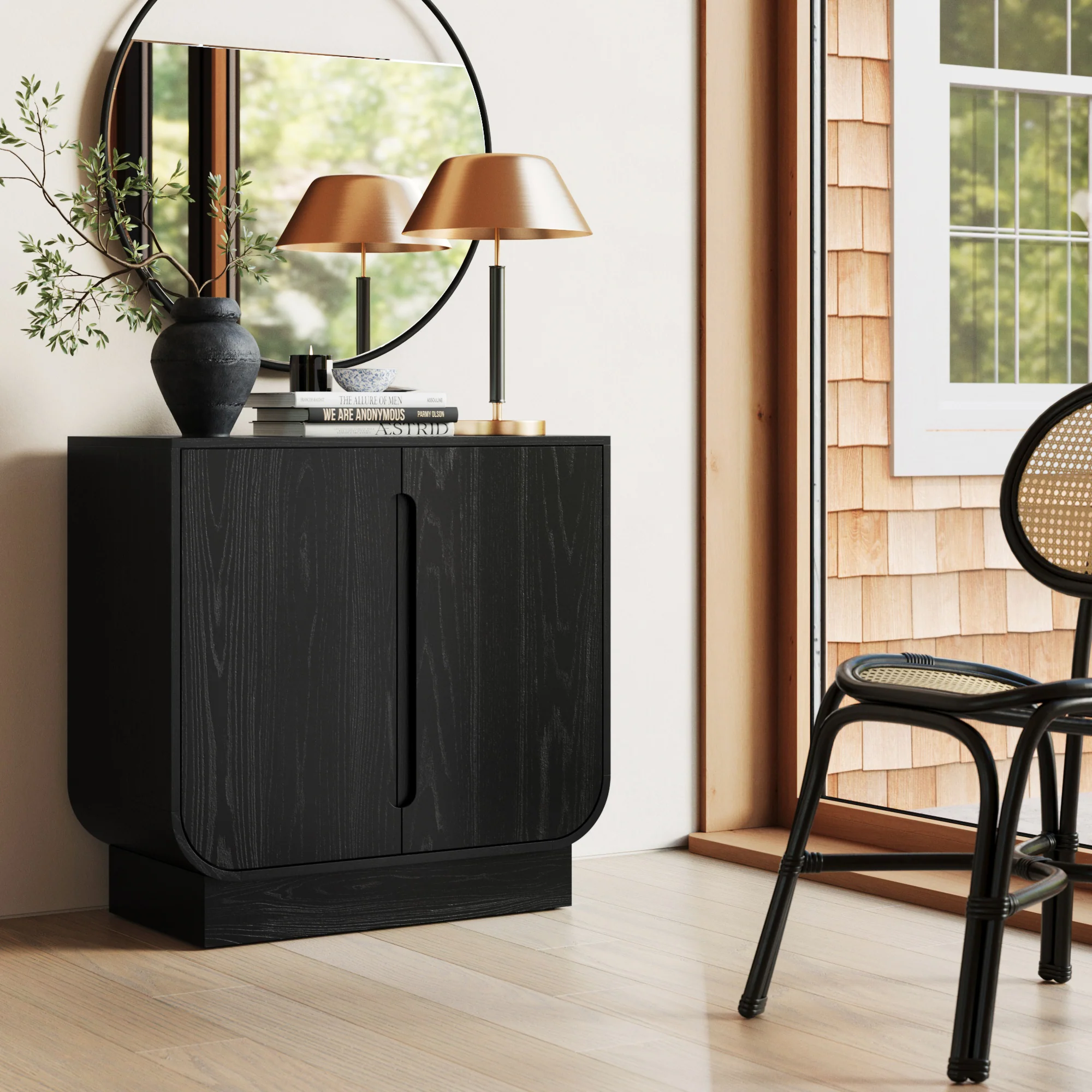 Wood Veneer Arched Accent Cabinet Black Oak - Image 2