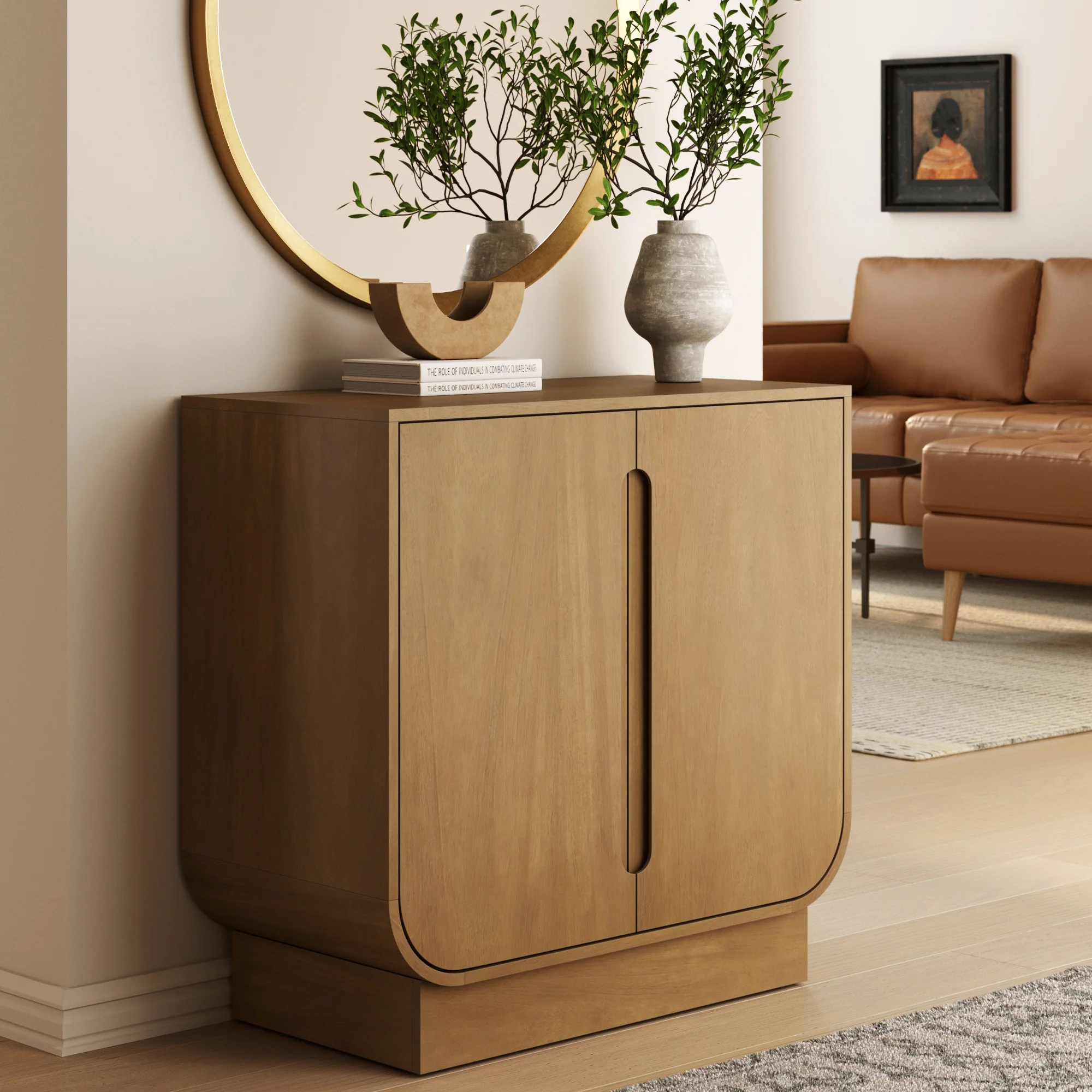 Wood Veneer Arched Accent Cabinet Light Brown