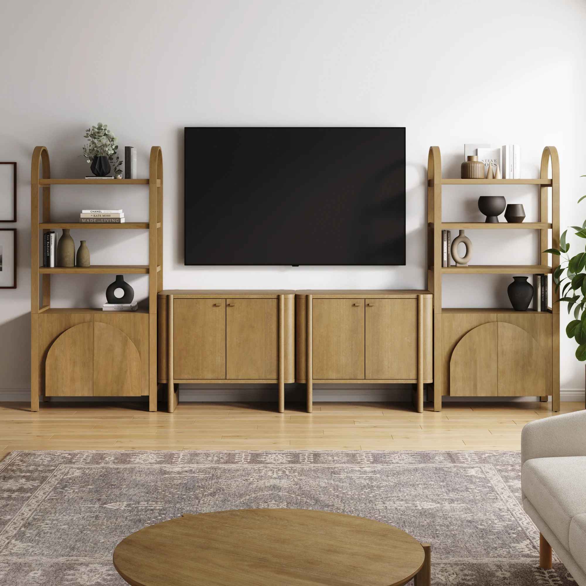 Wooden Arched Entertainment Center with Storage and Bookcase for 65" TVs Light Brown