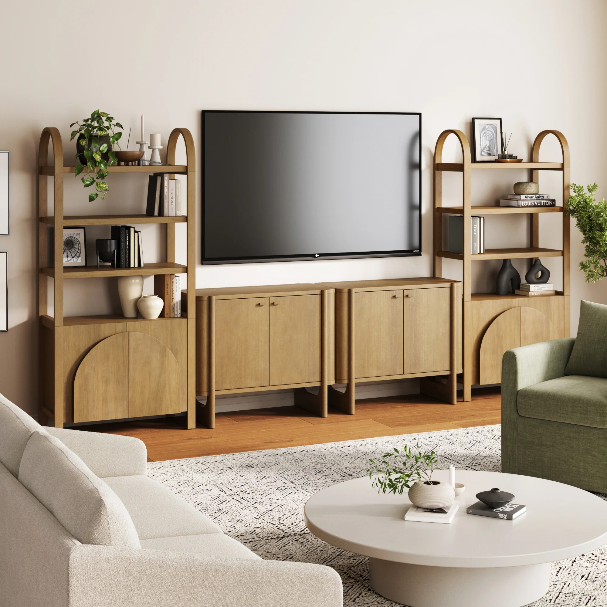 Wooden Arched Entertainment Center with Storage and Bookcase for 65" TVs Light Brown - Image 2