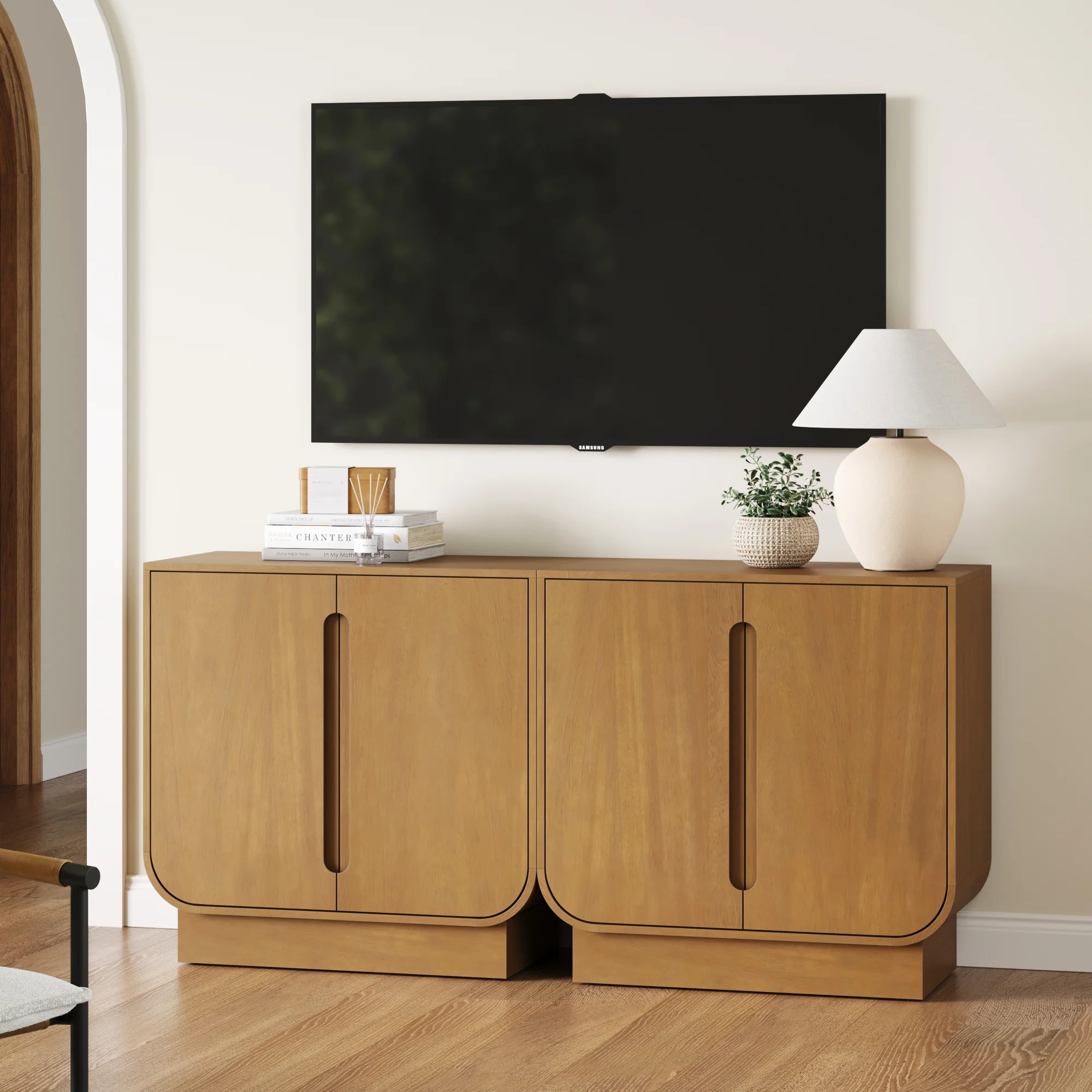 Wooden Arched TV Console Stand Light Brown for TVs 55-65"