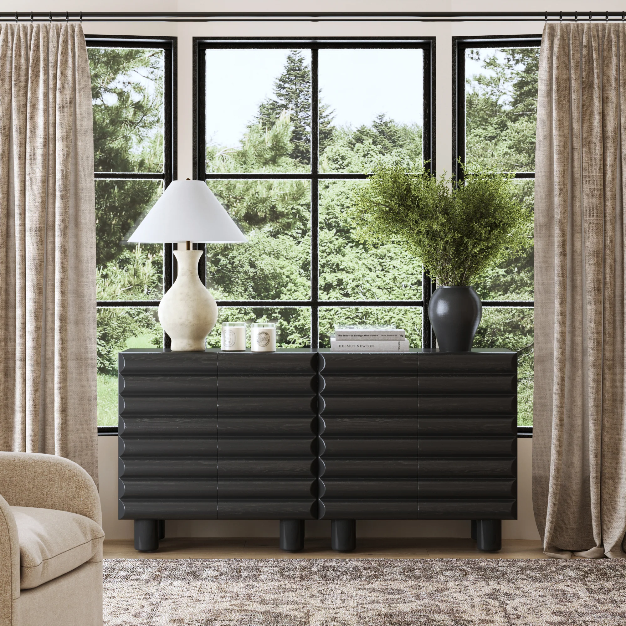 Wooden Sideboard Credenza Cabinet with Sculpted Door Black (Set of 2) - Image 2