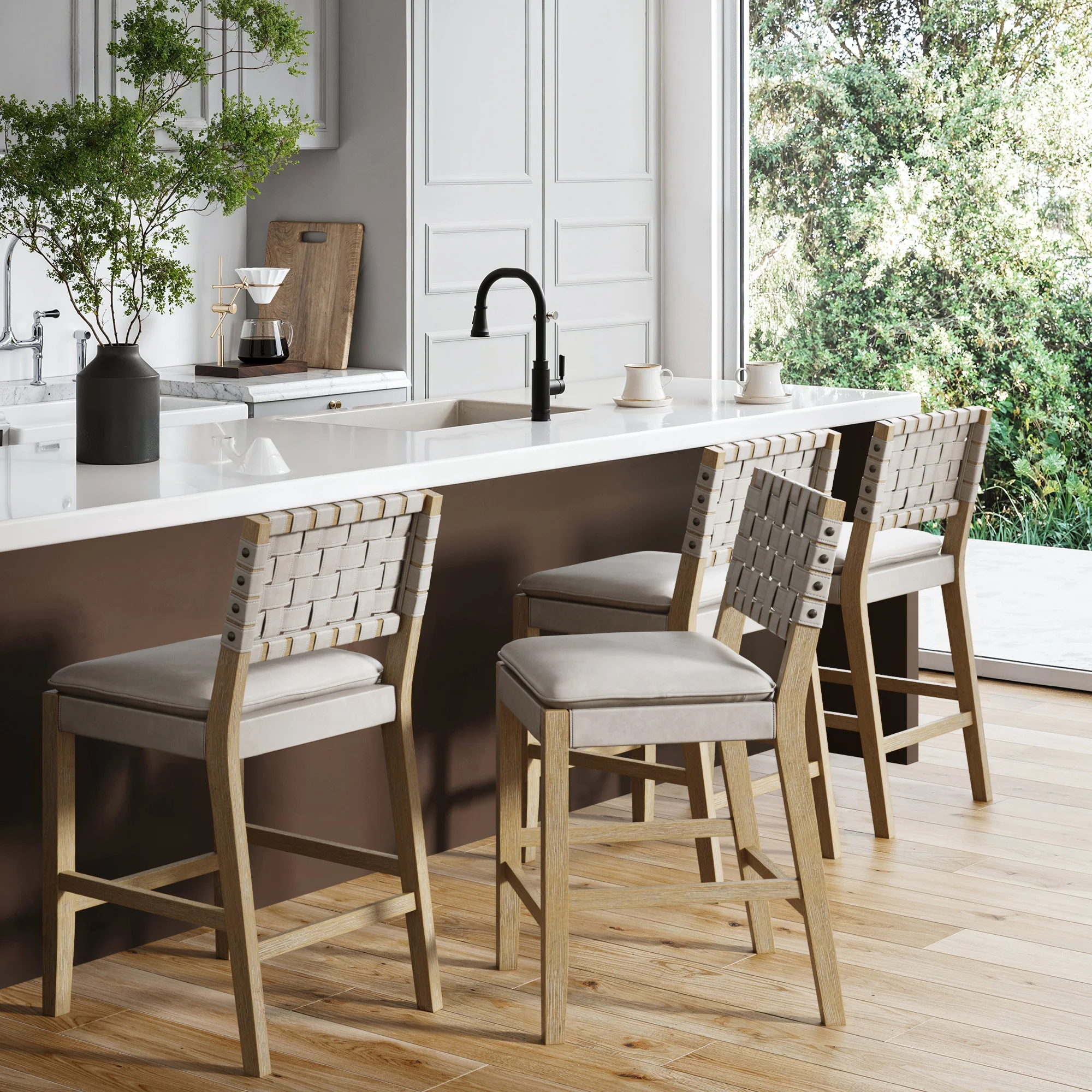 Woven Faux Leather Counter Height Bar Stool Gray Mahogany (Set of 4)