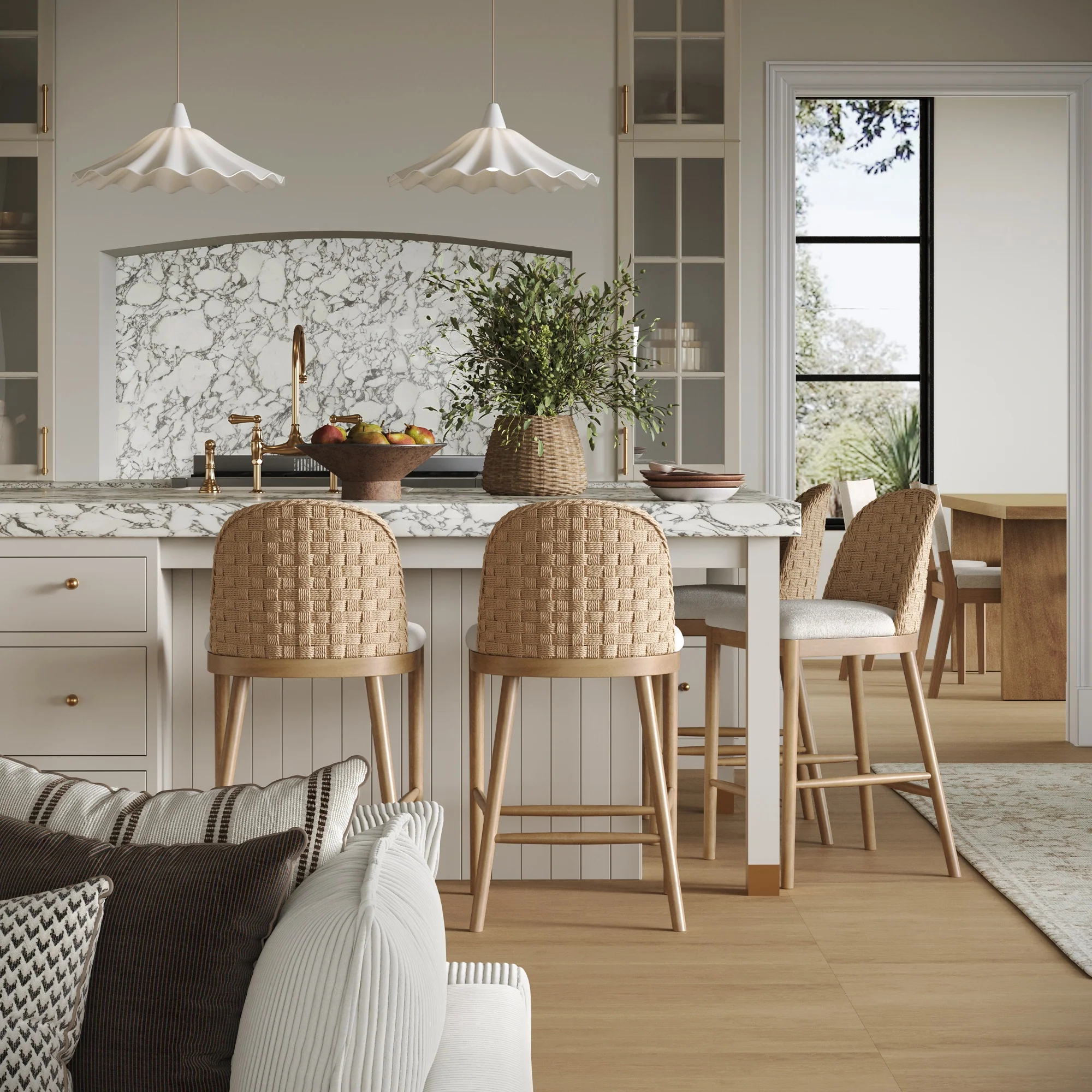 Woven Seagrass Back & Boucle Counter Bar Stool Light Brown (Set of 4) - Image 2